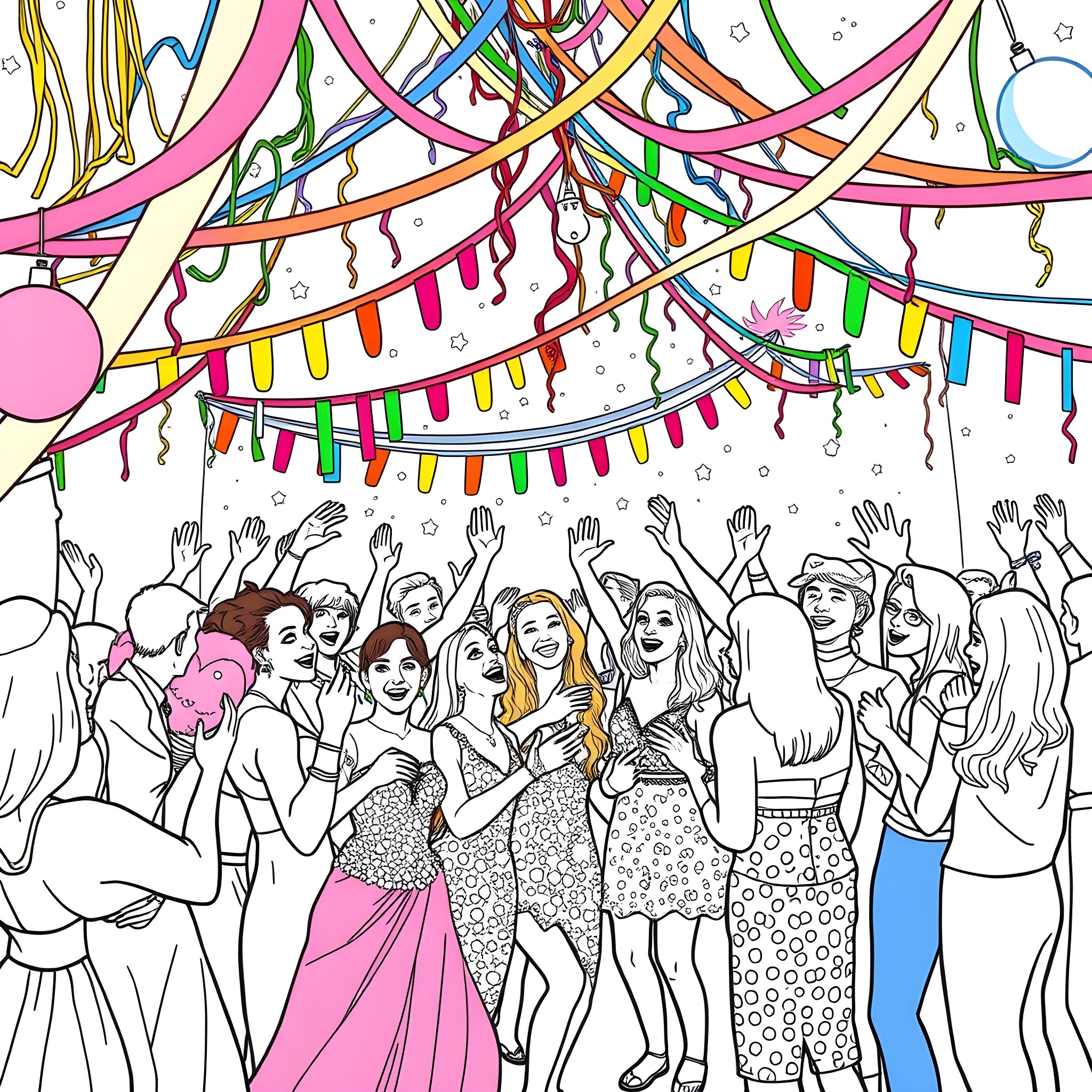 Party with Lively Celebrations and Joyful Revelers Coloring Page (free black-and-white line drawing printable PDF for all, from beginners to advanced learners, including children, teens, adults, and seniors)