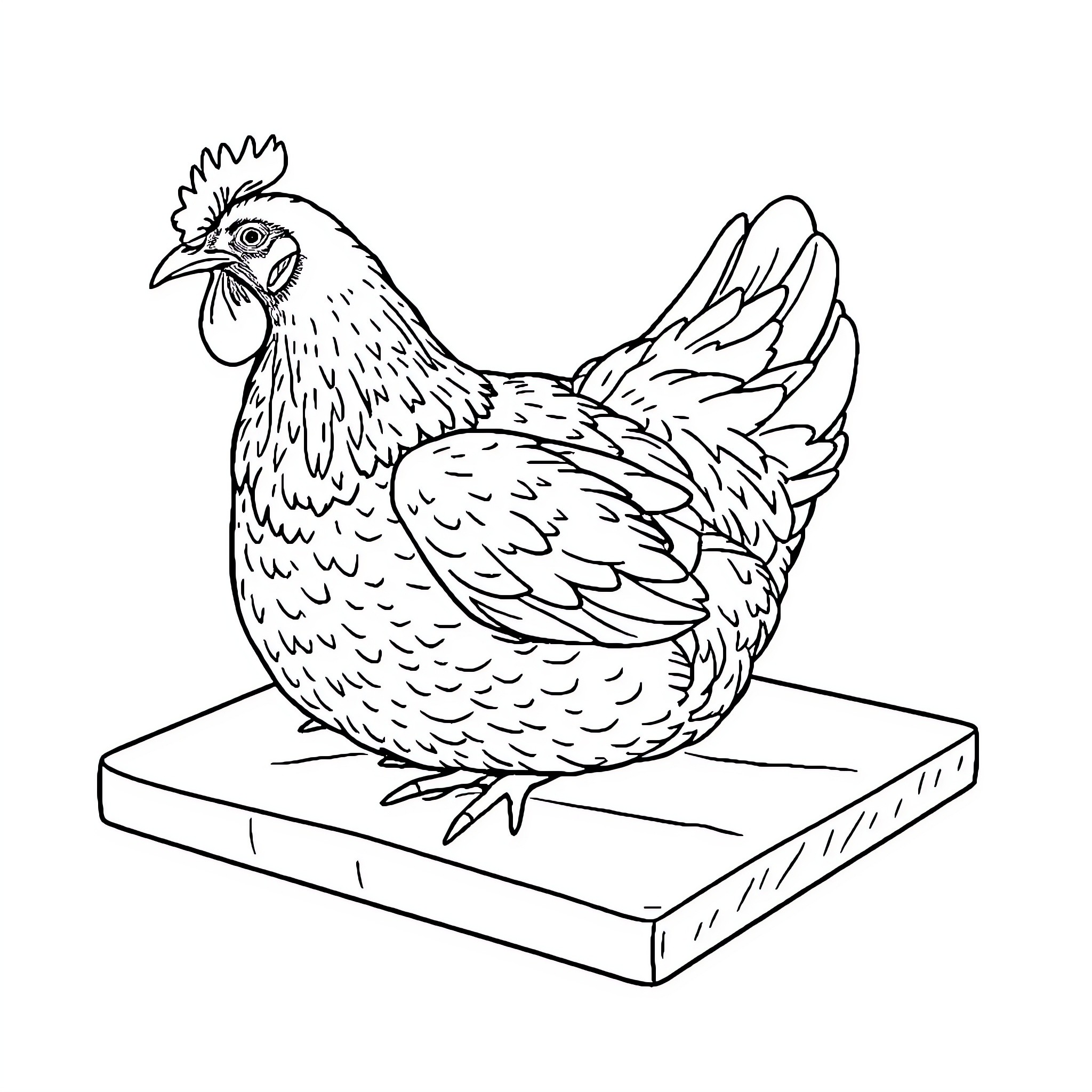 Chicken standing on a wooden platform Coloring Page (free black-and-white line drawing printable PDF for all, from beginners to advanced learners, including children, teens, adults, and seniors)