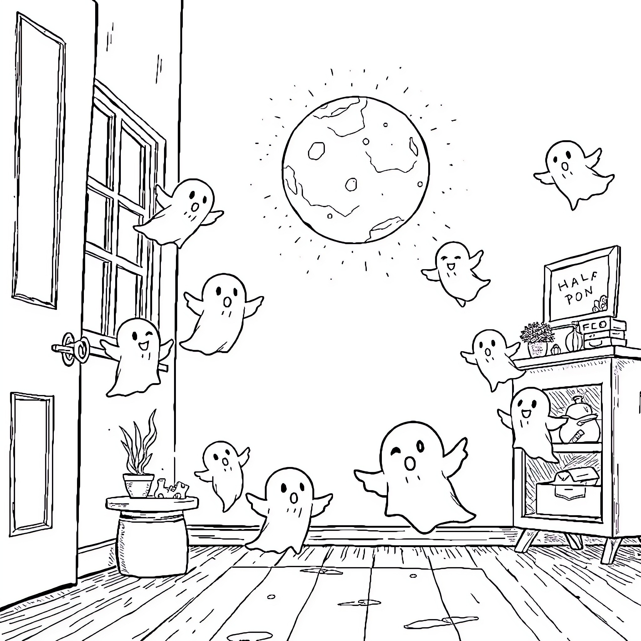 Ghost creatures exploring a haunted house at night Coloring Page (free black-and-white line drawing printable PDF for all, from beginners to advanced learners, including children, teens, adults, and seniors)