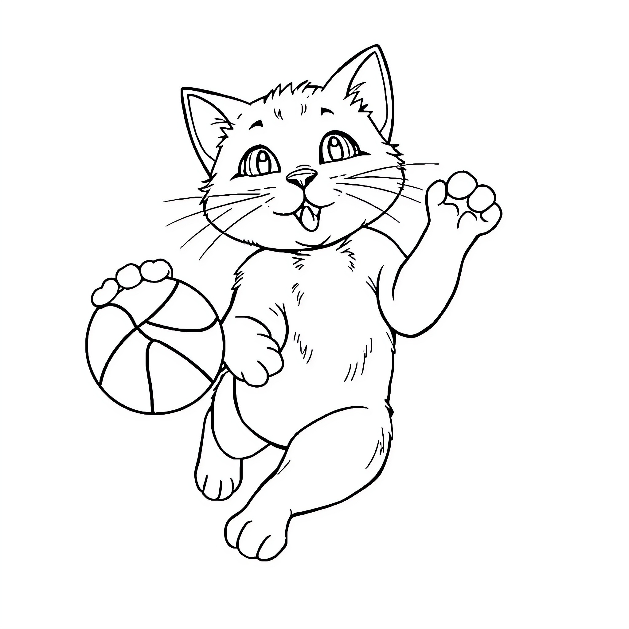 Cat playing with a ball Coloring Page (free black-and-white line drawing printable PDF for all, from beginners to advanced learners, including children, teens, adults, and seniors)