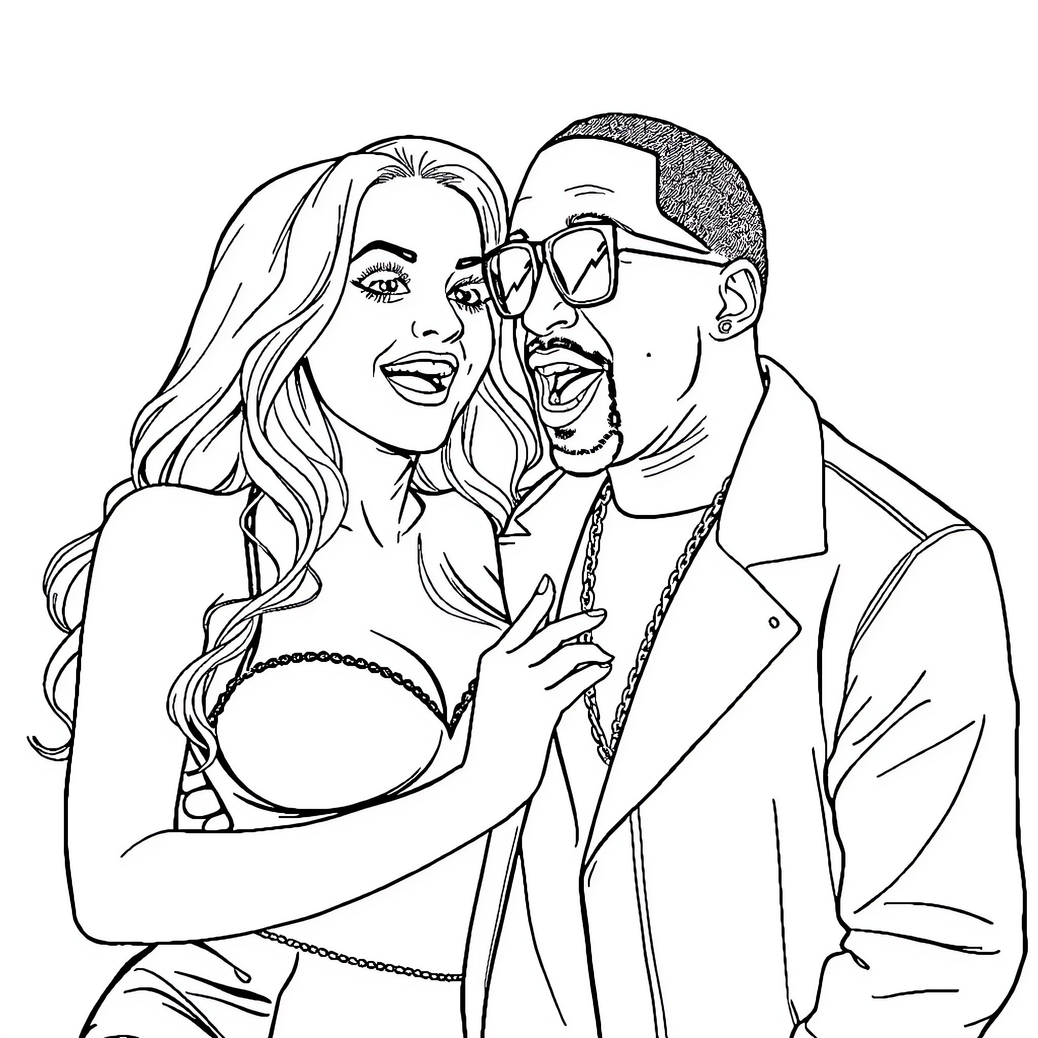 Brittany Spears and companion posing together Coloring Page (free black-and-white line drawing printable PDF for all, from beginners to advanced learners, including children, teens, adults, and seniors)