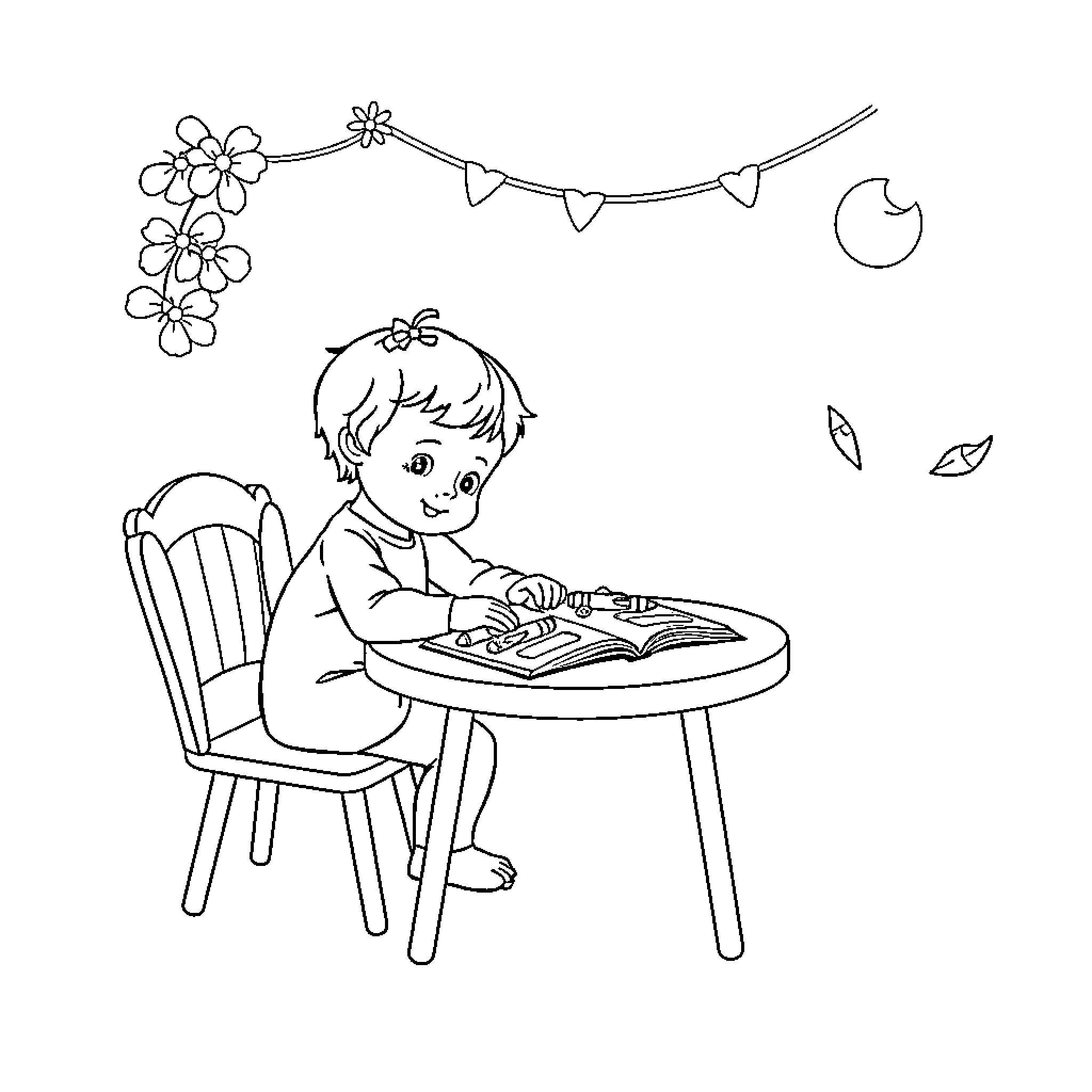 Young child reading a book at a table Coloring Page (free black-and-white line drawing printable PDF for all, from beginners to advanced learners, including children, teens, adults, and seniors)