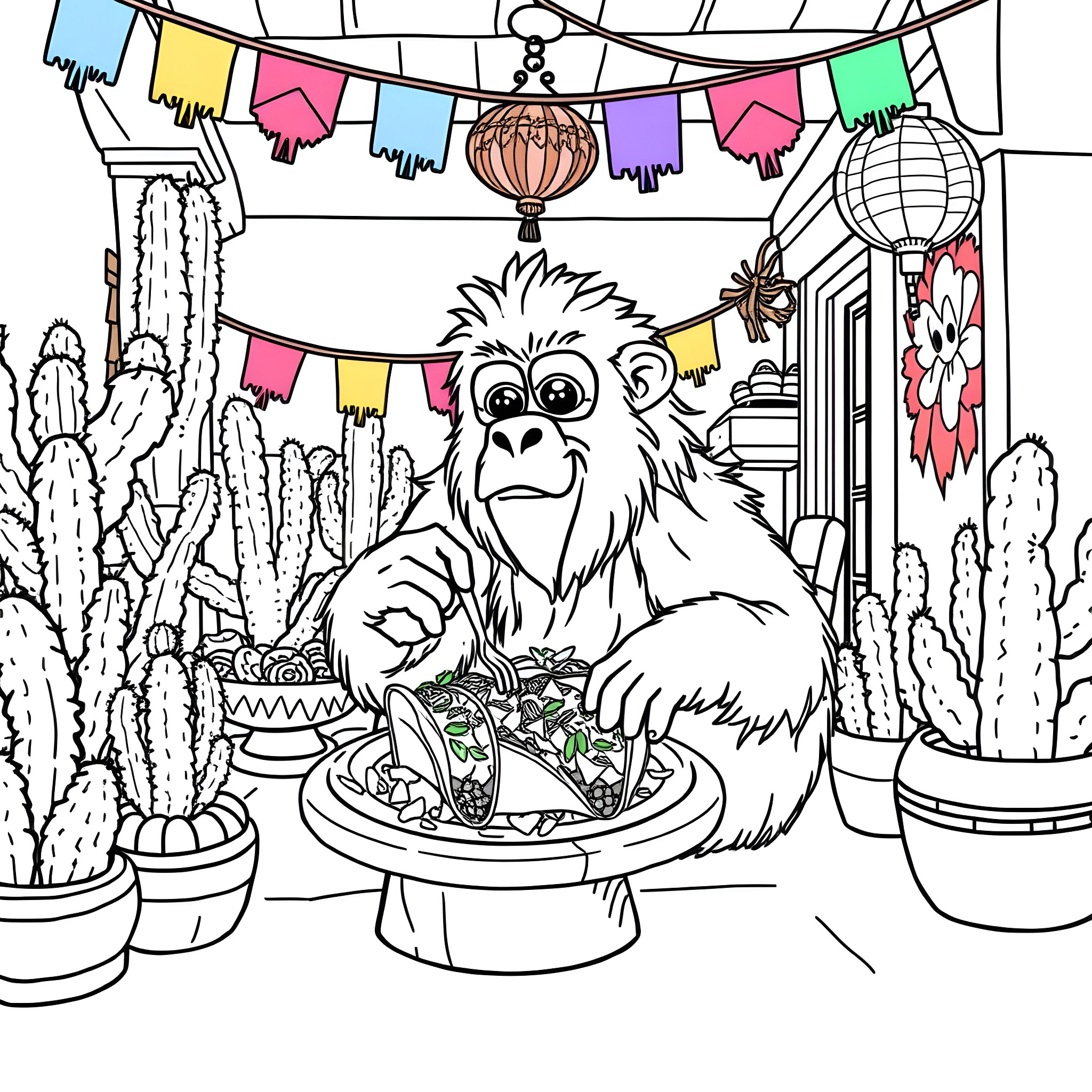 Yeti Enjoying a Festive Meal in a Cactus-Filled Room Coloring Page (free black-and-white line drawing printable PDF for all, from beginners to advanced learners, including children, teens, adults, and seniors)