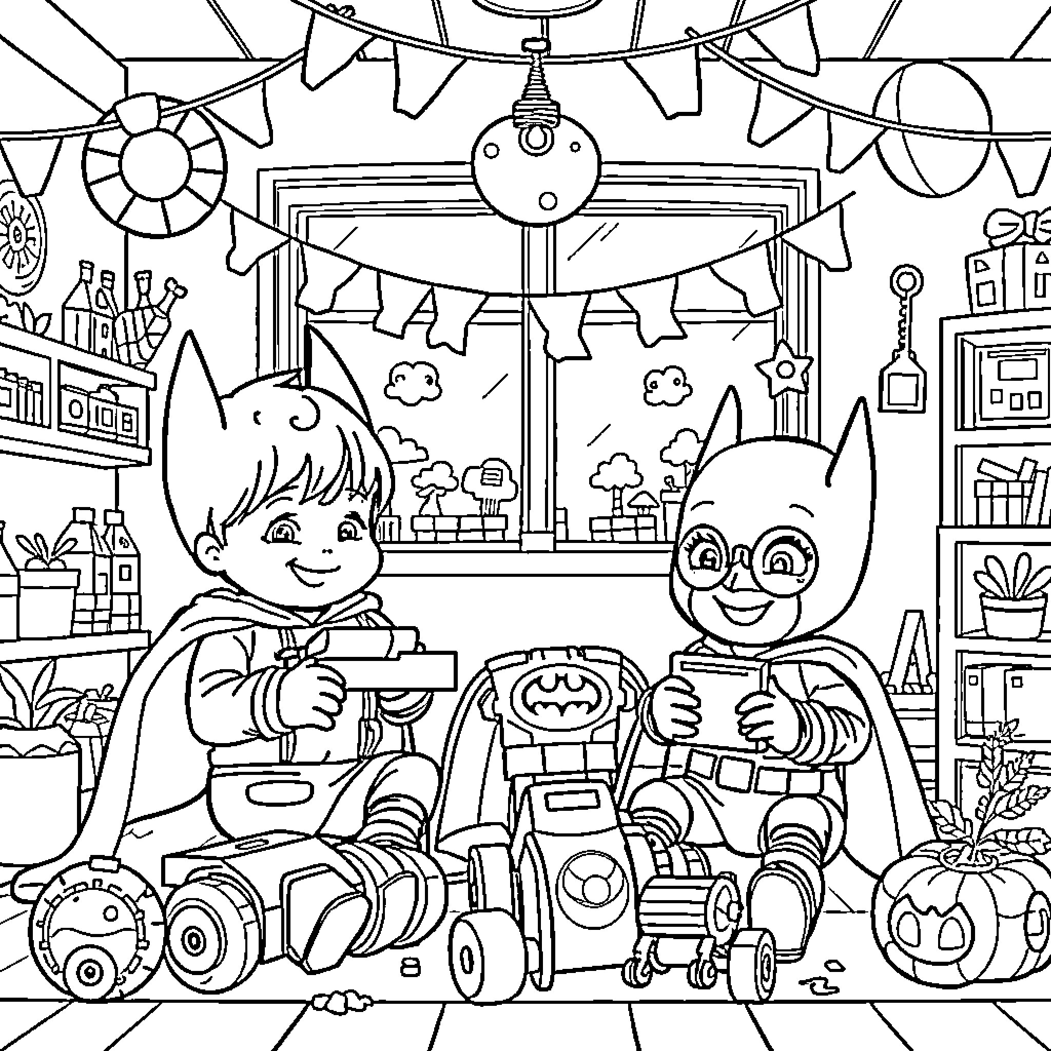Bjørnis celebrating a festive Halloween party Coloring Page (free black-and-white line drawing printable PDF for all, from beginners to advanced learners, including children, teens, adults, and seniors)