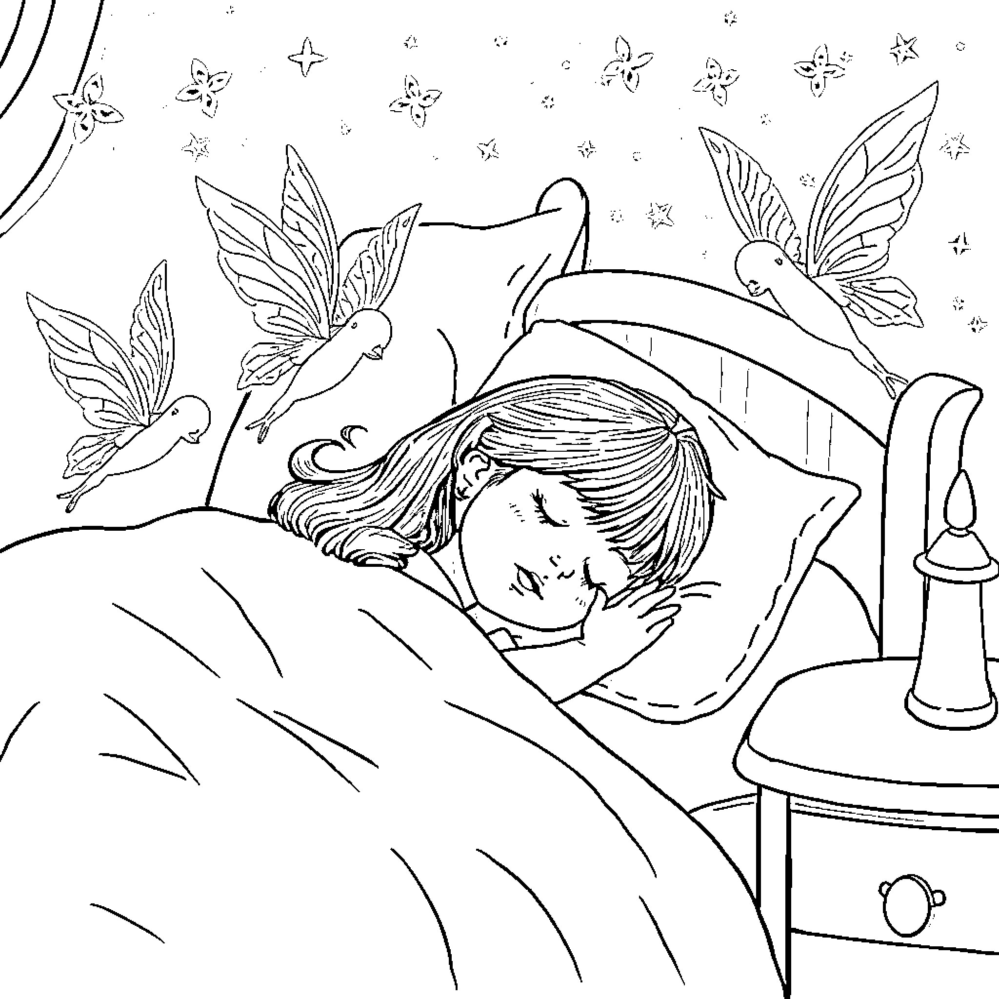 Girl dreaming of fairy friends Coloring Page (free black-and-white line drawing printable PDF for all, from beginners to advanced learners, including children, teens, adults, and seniors)