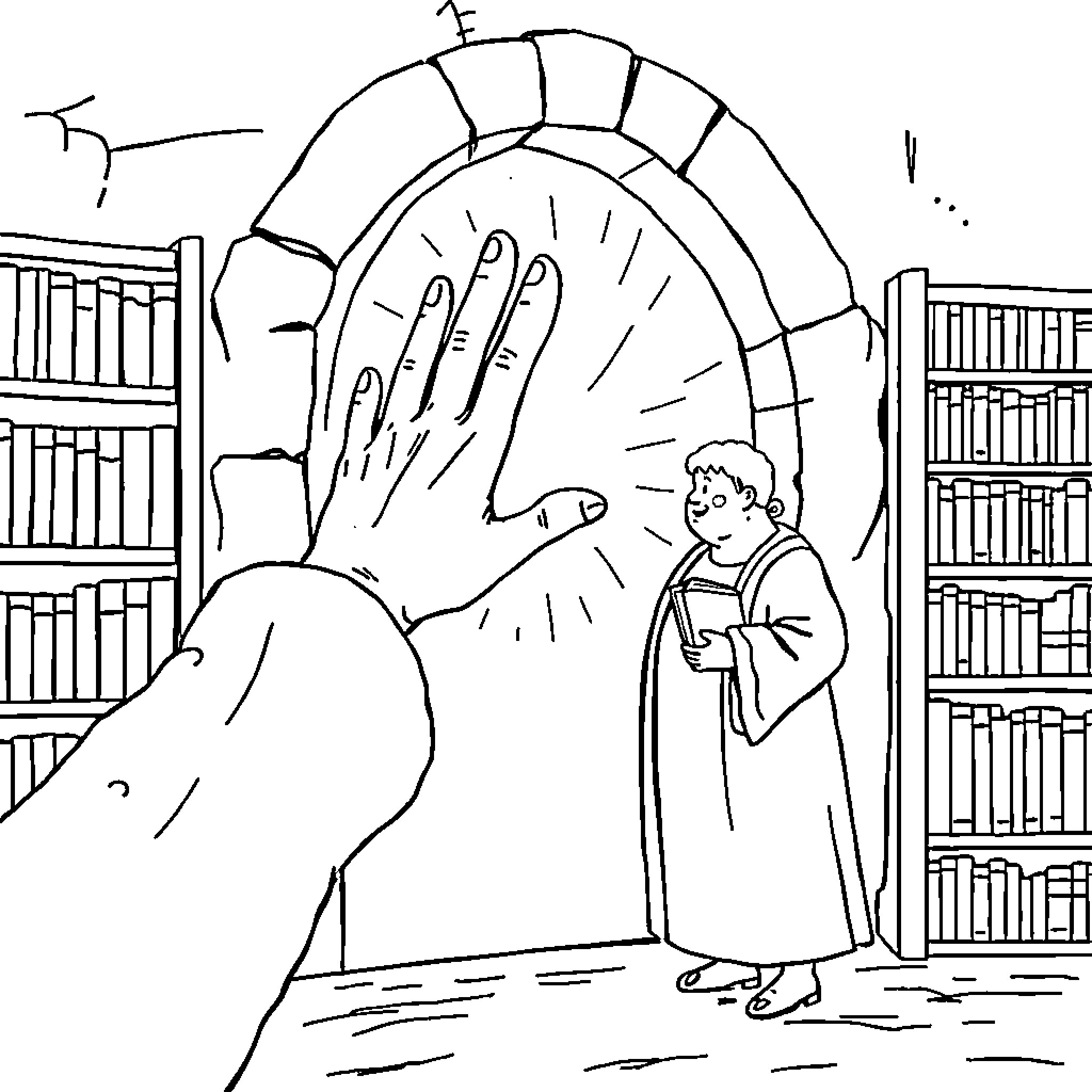 Hand pointing the way in a library Coloring Page (free black-and-white line drawing printable PDF for all, from beginners to advanced learners, including children, teens, adults, and seniors)