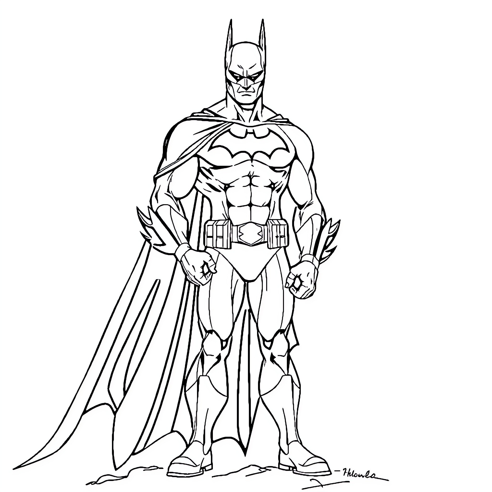 Batman in action-ready stance Coloring Page (free black-and-white line drawing printable PDF for all, from beginners to advanced learners, including children, teens, adults, and seniors)