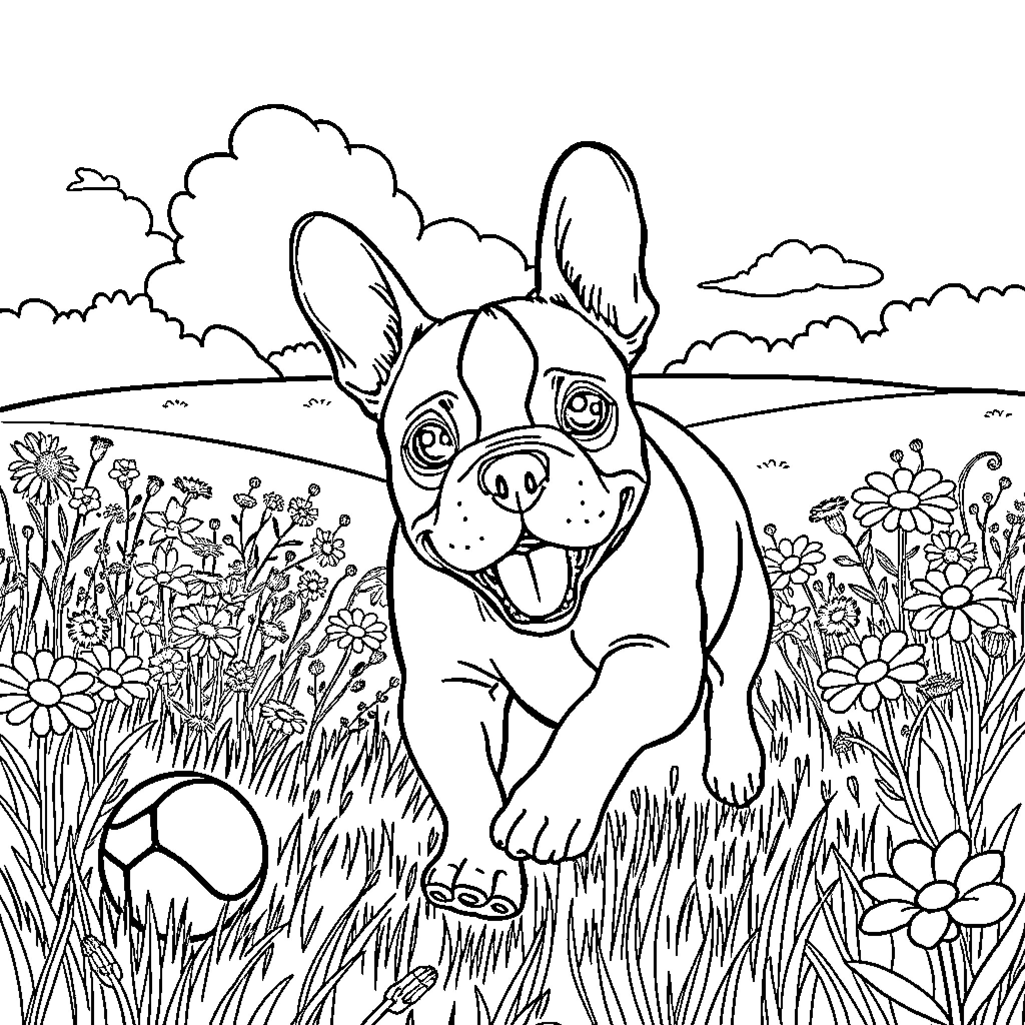 Frenchie playing joyfully in a flower-filled field Coloring Page (free black-and-white line drawing printable PDF for all, from beginners to advanced learners, including children, teens, adults, and seniors)