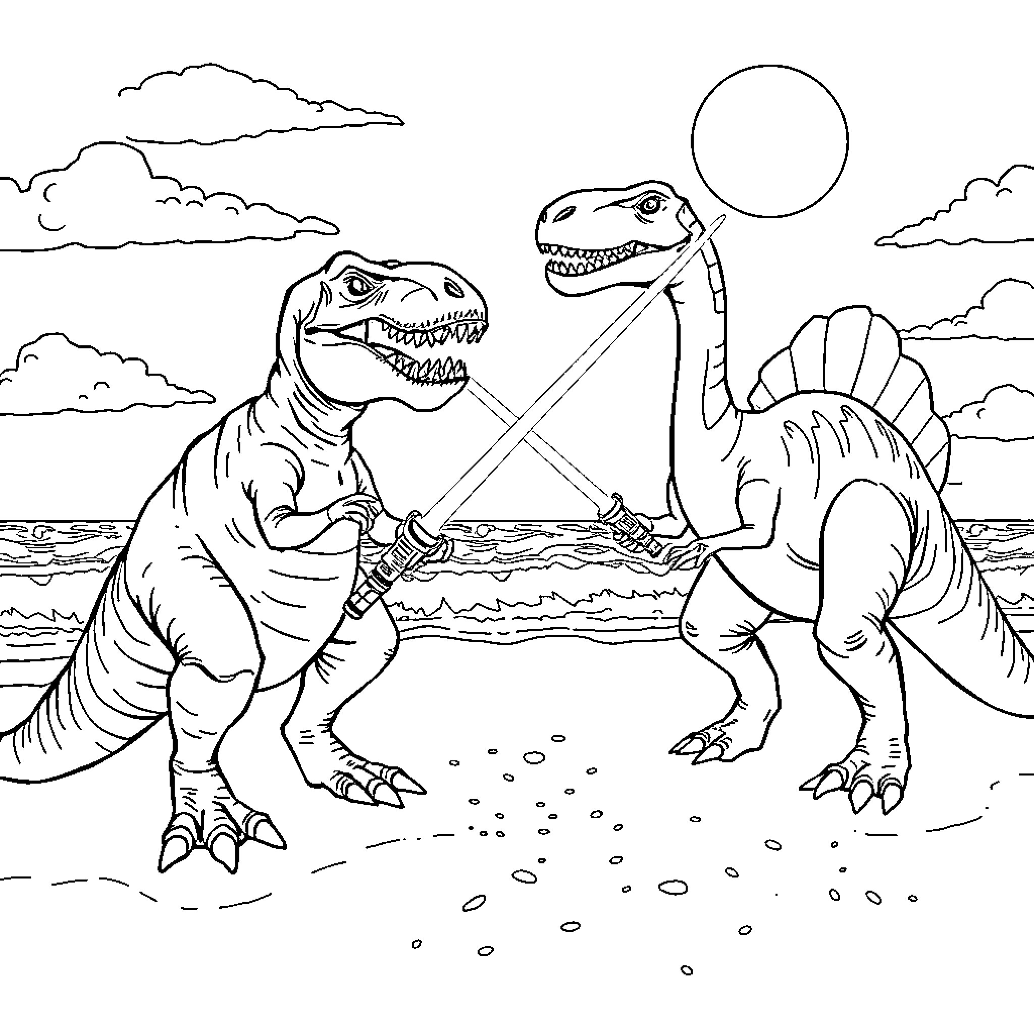 T-Rex fighting with Spinosaurus in the desert Coloring Page (free black-and-white line drawing printable PDF for all, from beginners to advanced learners, including children, teens, adults, and seniors)