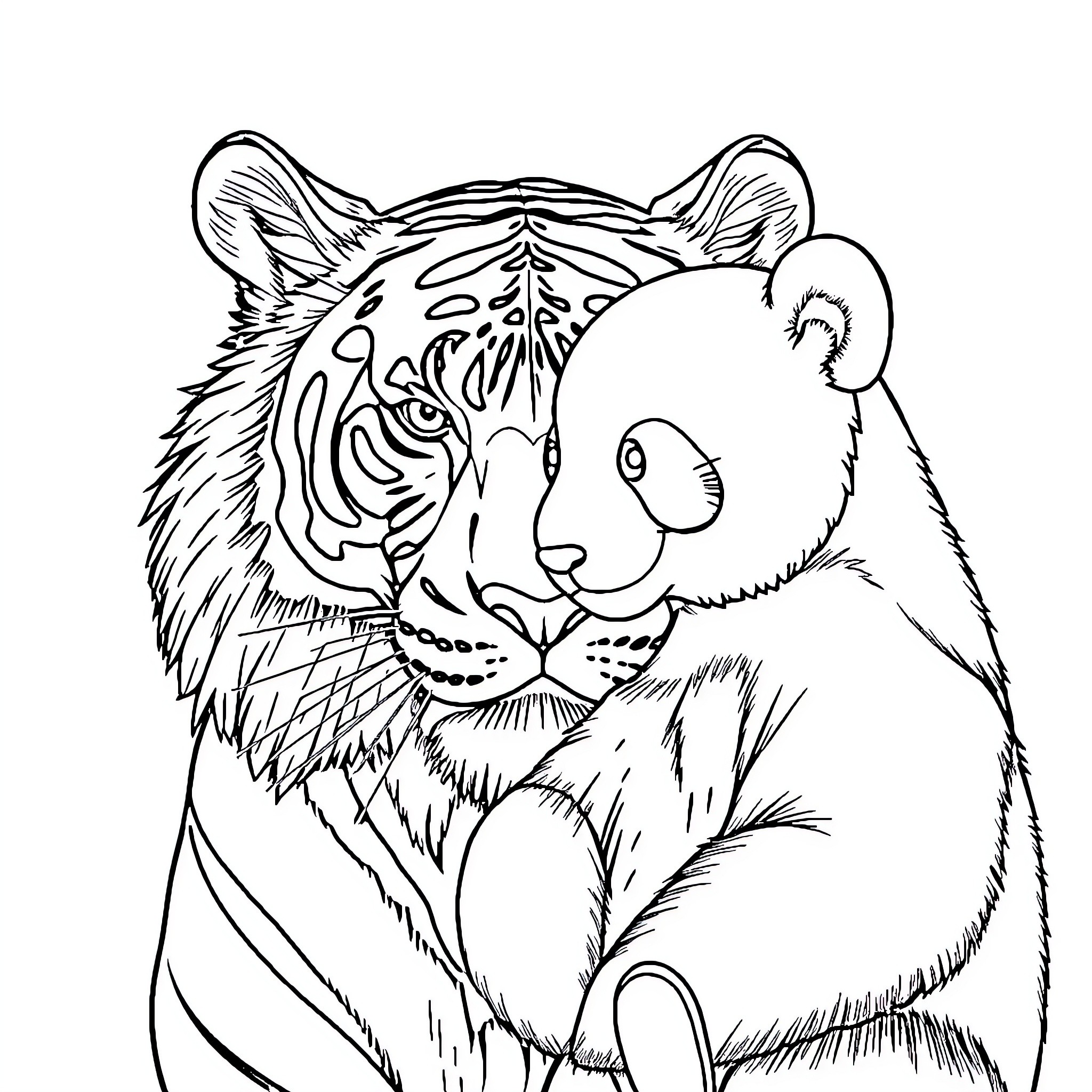 Tigre resting alongside a large panda Coloring Page (free black-and-white line drawing printable PDF for all, from beginners to advanced learners, including children, teens, adults, and seniors)