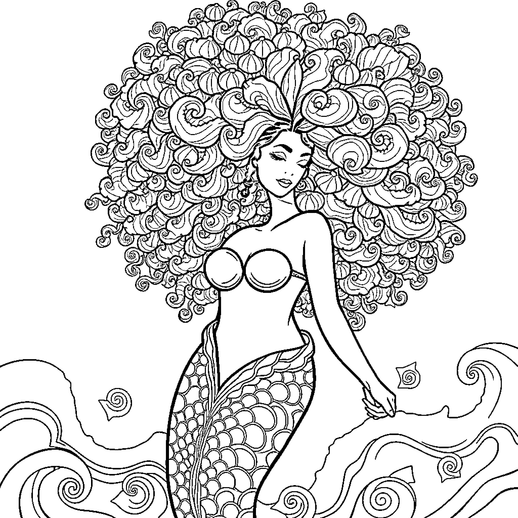 Mermaid with flowing hair amidst swirling waves Coloring Page (free black-and-white line drawing printable PDF for all, from beginners to advanced learners, including children, teens, adults, and seniors)