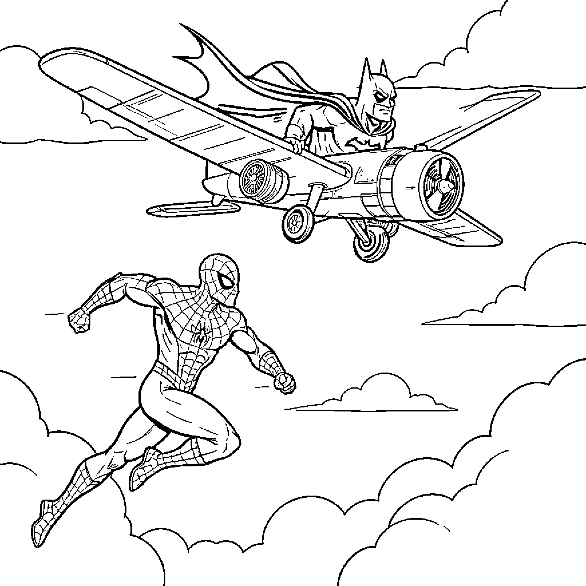 Spiderman running through the sky near a flying plane Coloring Page (free black-and-white line drawing printable PDF for all, from beginners to advanced learners, including children, teens, adults, and seniors)