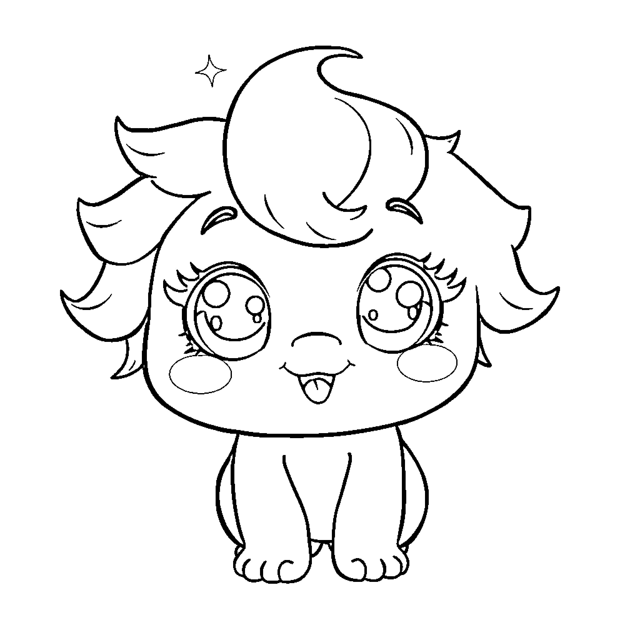 Kawaii Chibi Character with Crescent Moon Hat Coloring Page (free black-and-white line drawing printable PDF for all, from beginners to advanced learners, including children, teens, adults, and seniors)