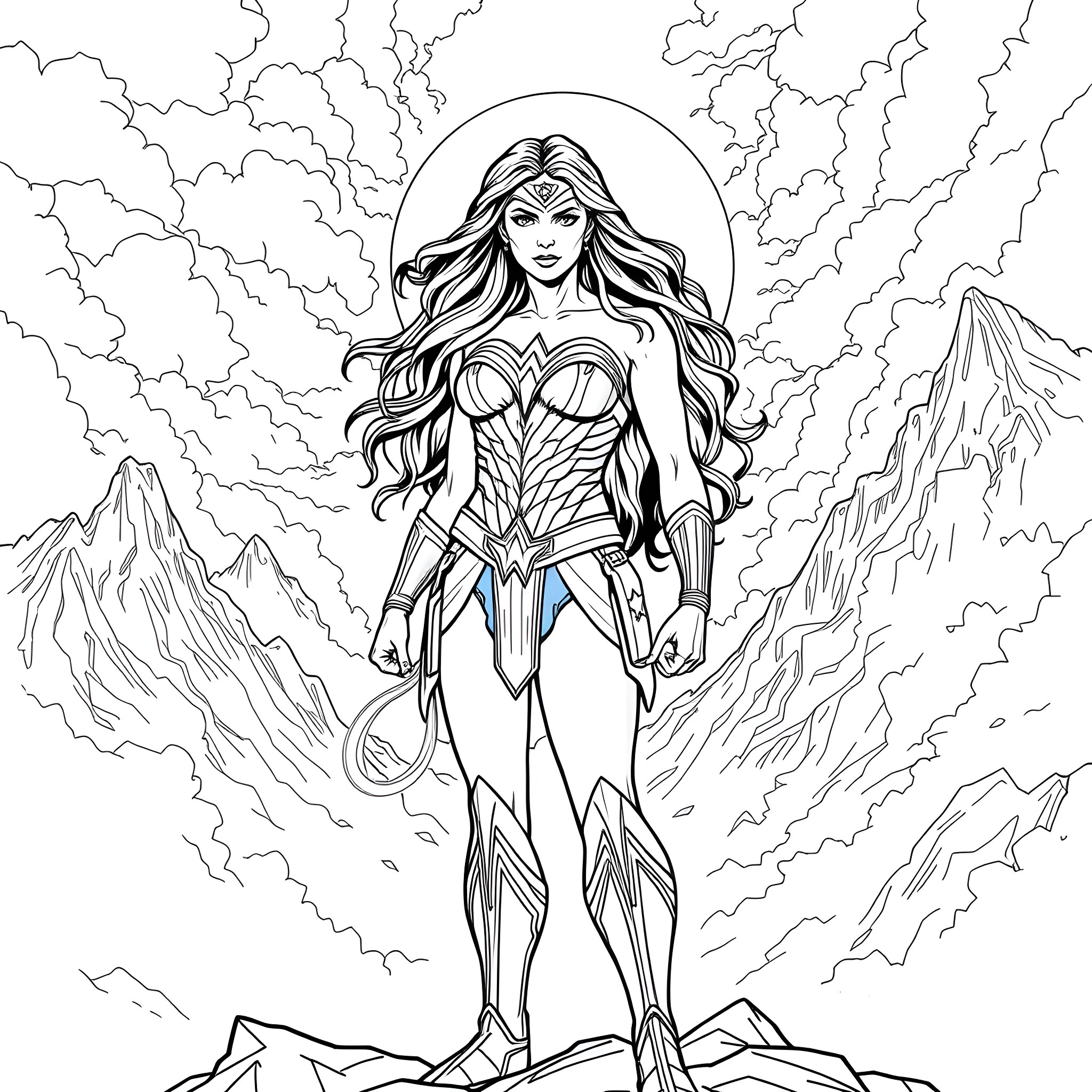 Wonder Woman standing heroically amidst thunderstorms and mountains Coloring Page (free black-and-white line drawing printable PDF for all, from beginners to advanced learners, including children, teens, adults, and seniors)