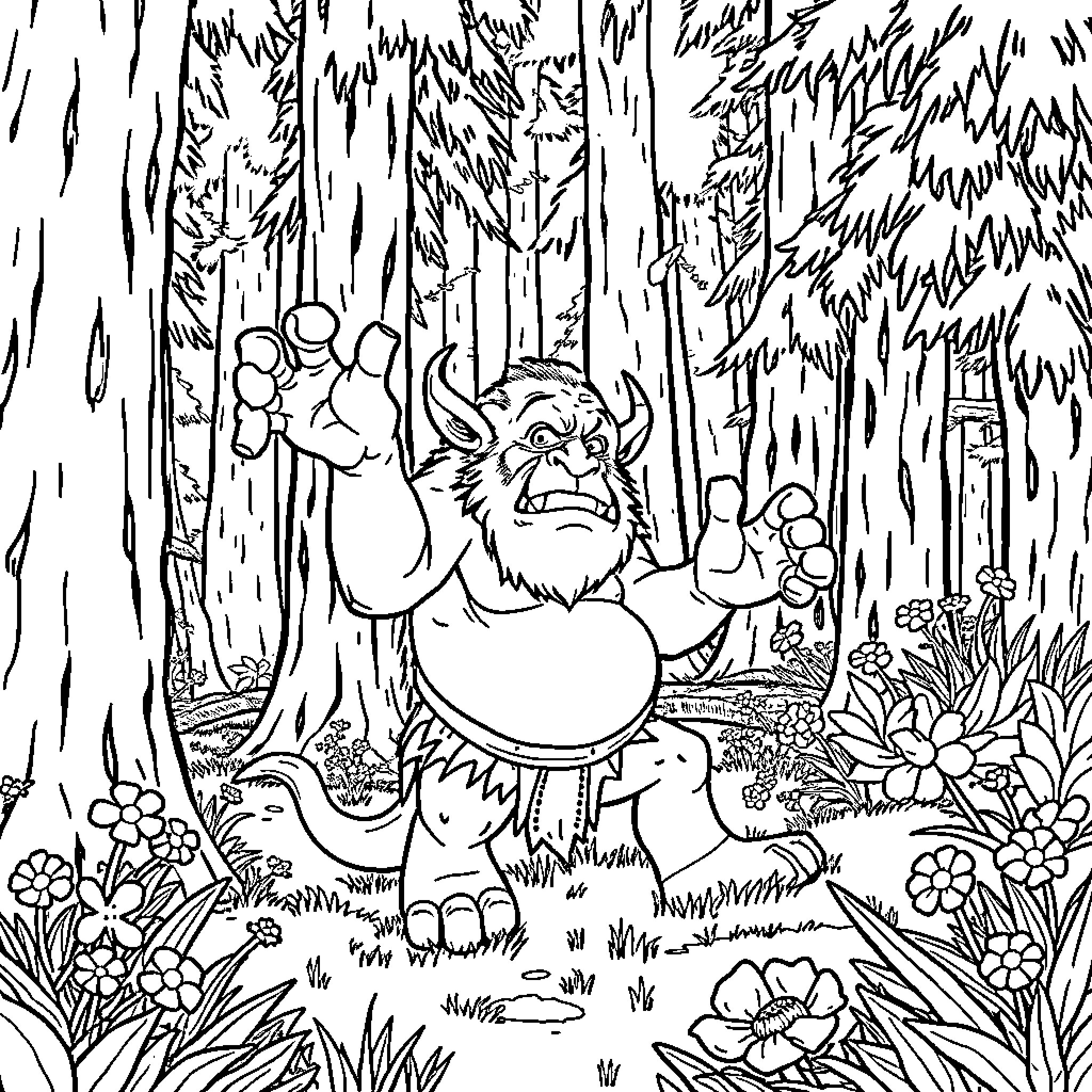 Ogre Stomping Through the Forest Coloring Page (free black-and-white line drawing printable PDF for all, from beginners to advanced learners, including children, teens, adults, and seniors)