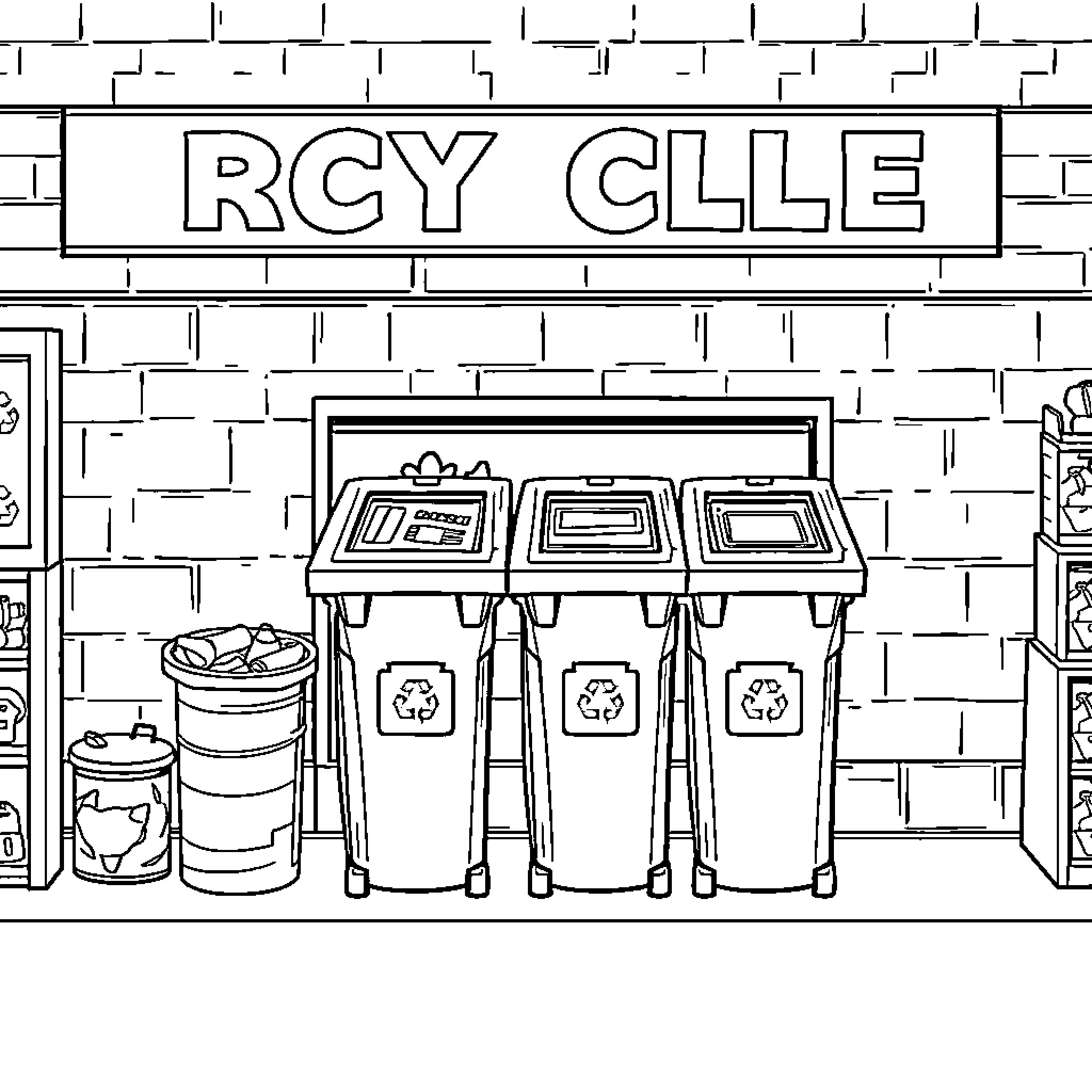 Recycling Station with Sorting Bins Coloring Page (free black-and-white line drawing printable PDF for all, from beginners to advanced learners, including children, teens, adults, and seniors)