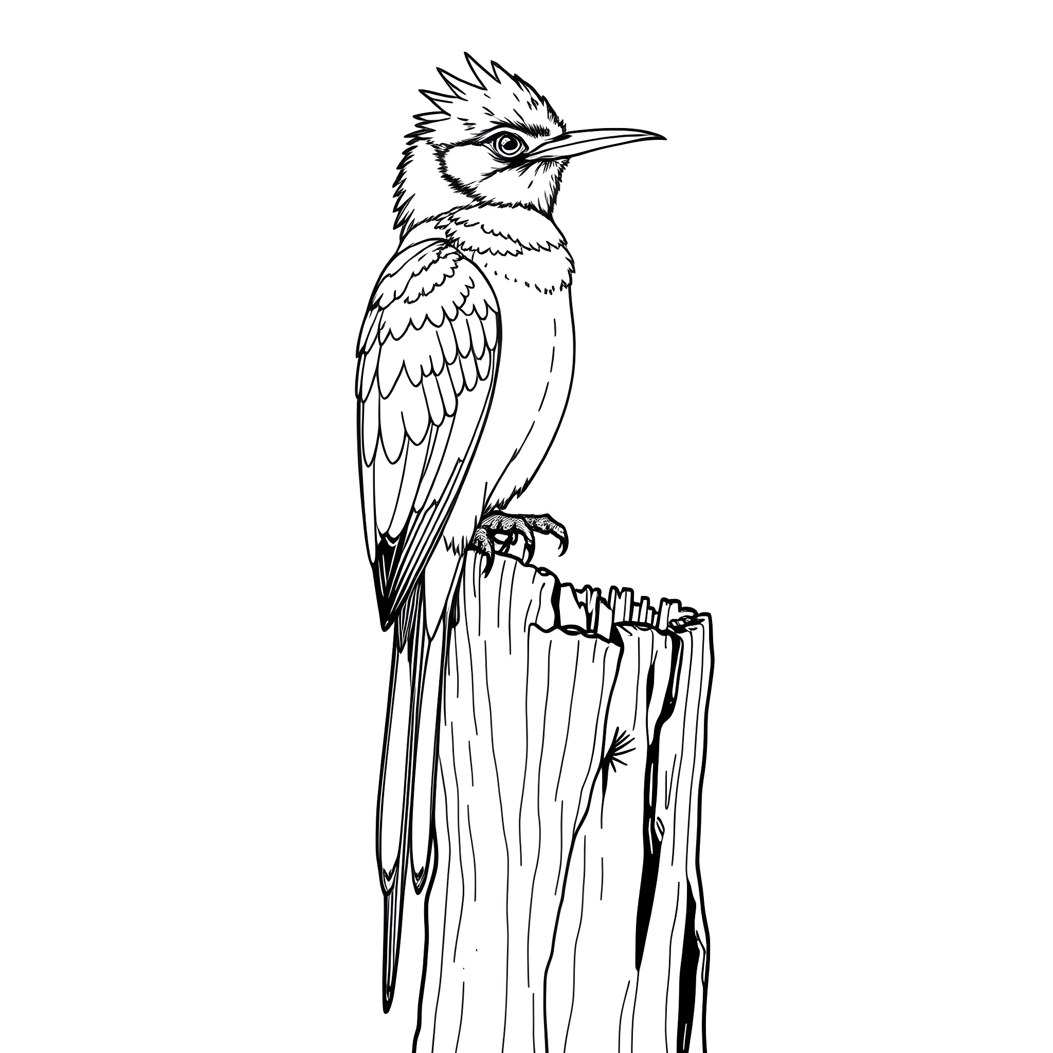 Bird perched on a wooden post Coloring Page (free black-and-white line drawing printable PDF for all, from beginners to advanced learners, including children, teens, adults, and seniors)