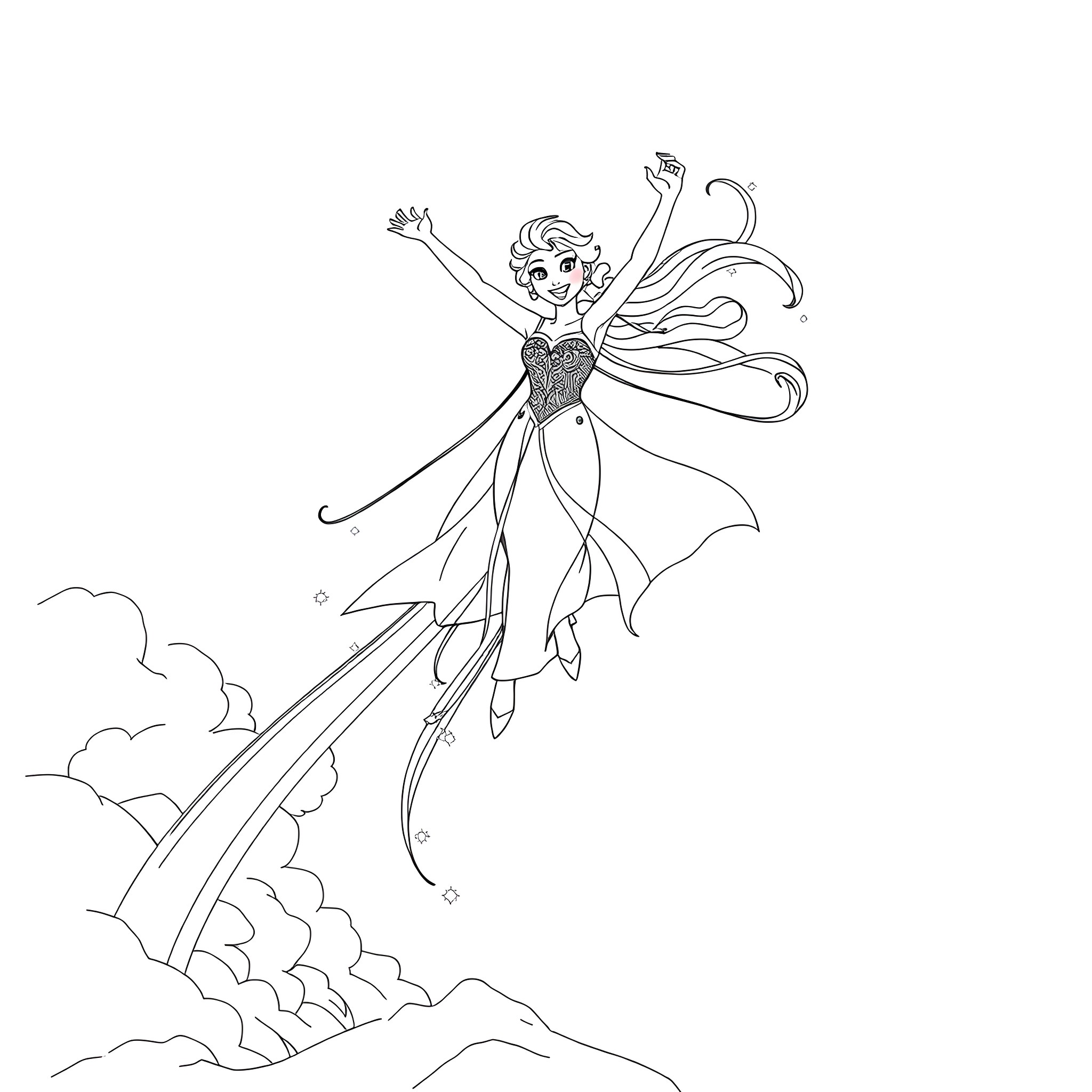 Elsa the fairy soaring gracefully in the sky Coloring Page (free black-and-white line drawing printable PDF for all, from beginners to advanced learners, including children, teens, adults, and seniors)