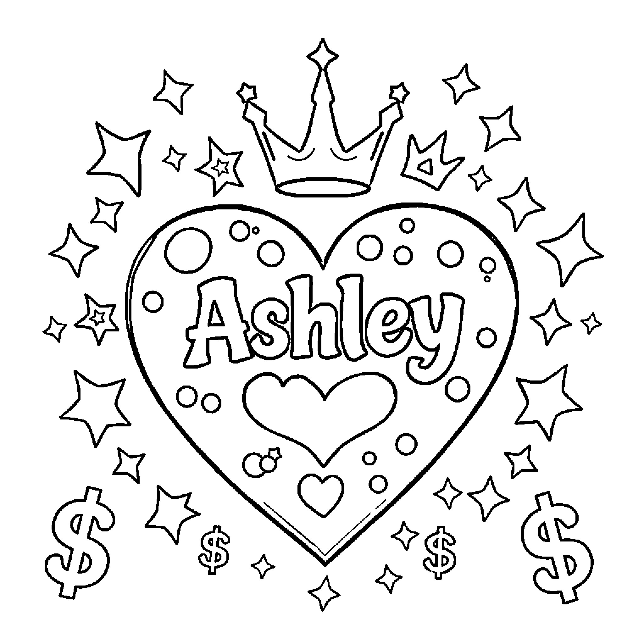 Heart-shaped design with Ashley's name and dollar signs Coloring Page (free black-and-white line drawing printable PDF for all, from beginners to advanced learners, including children, teens, adults, and seniors)