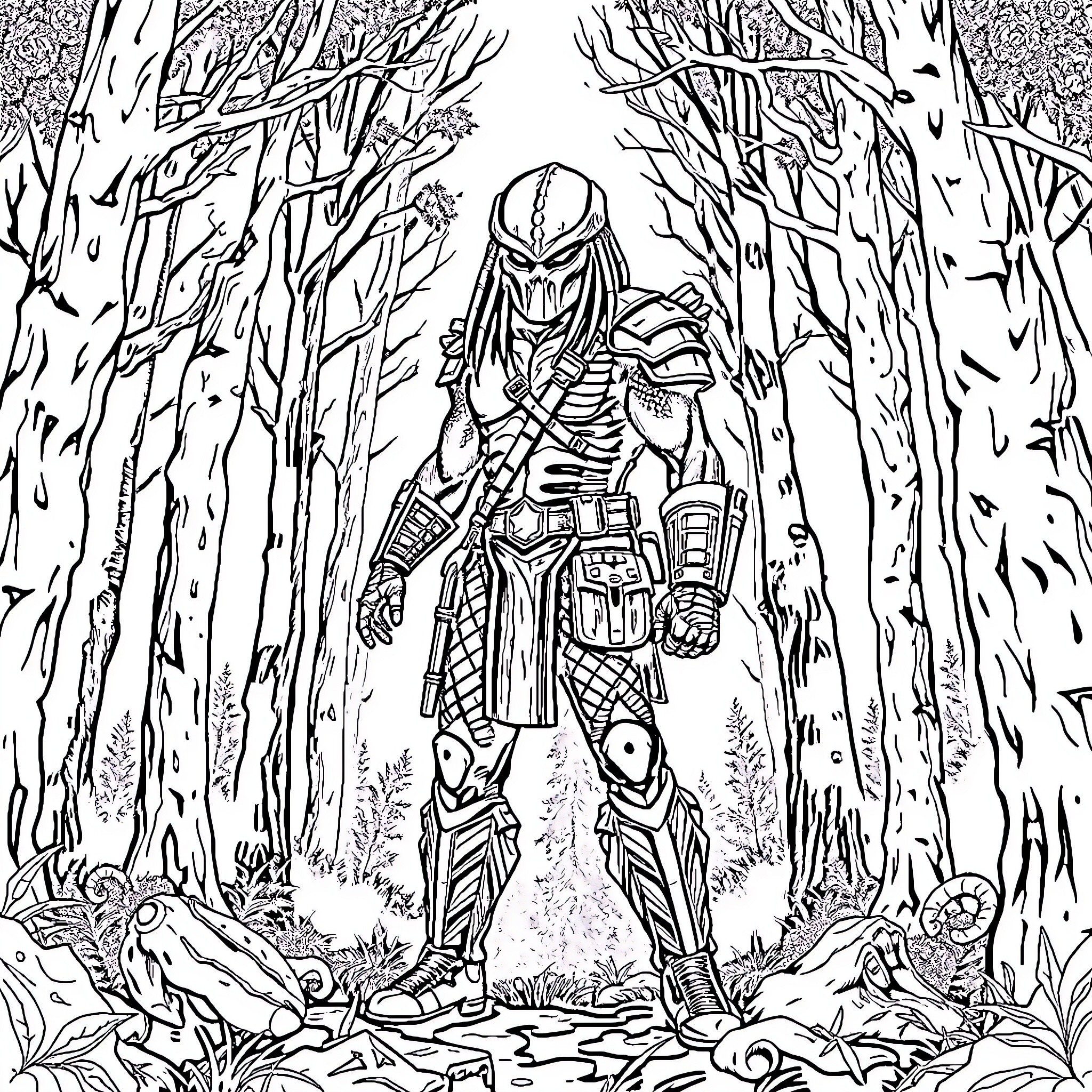 Jason armed warrior exploring the dark forest Coloring Page (free black-and-white line drawing printable PDF for all, from beginners to advanced learners, including children, teens, adults, and seniors)
