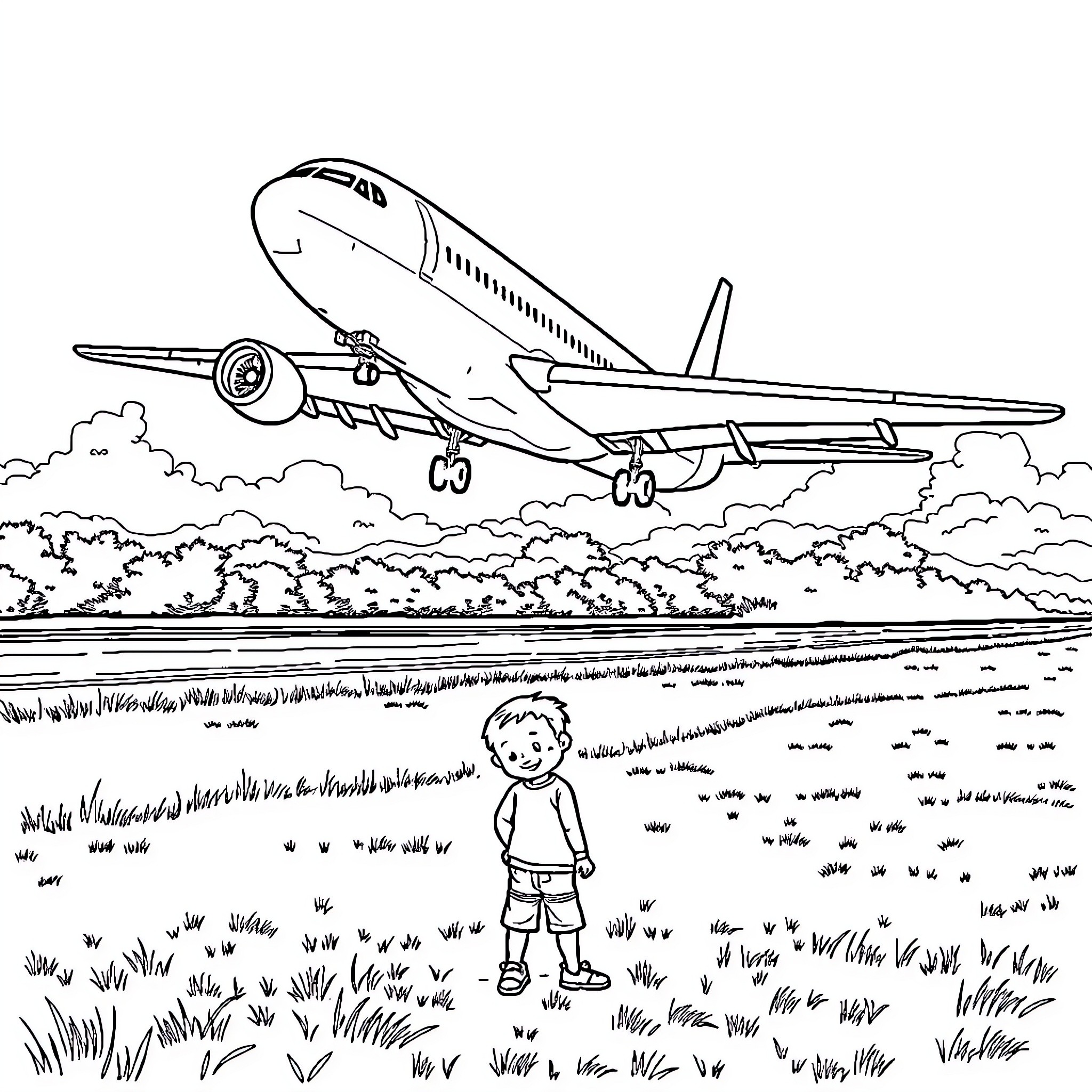 Boy observing the plane taking off in the distance Coloring Page (free black-and-white line drawing printable PDF for all, from beginners to advanced learners, including children, teens, adults, and seniors)