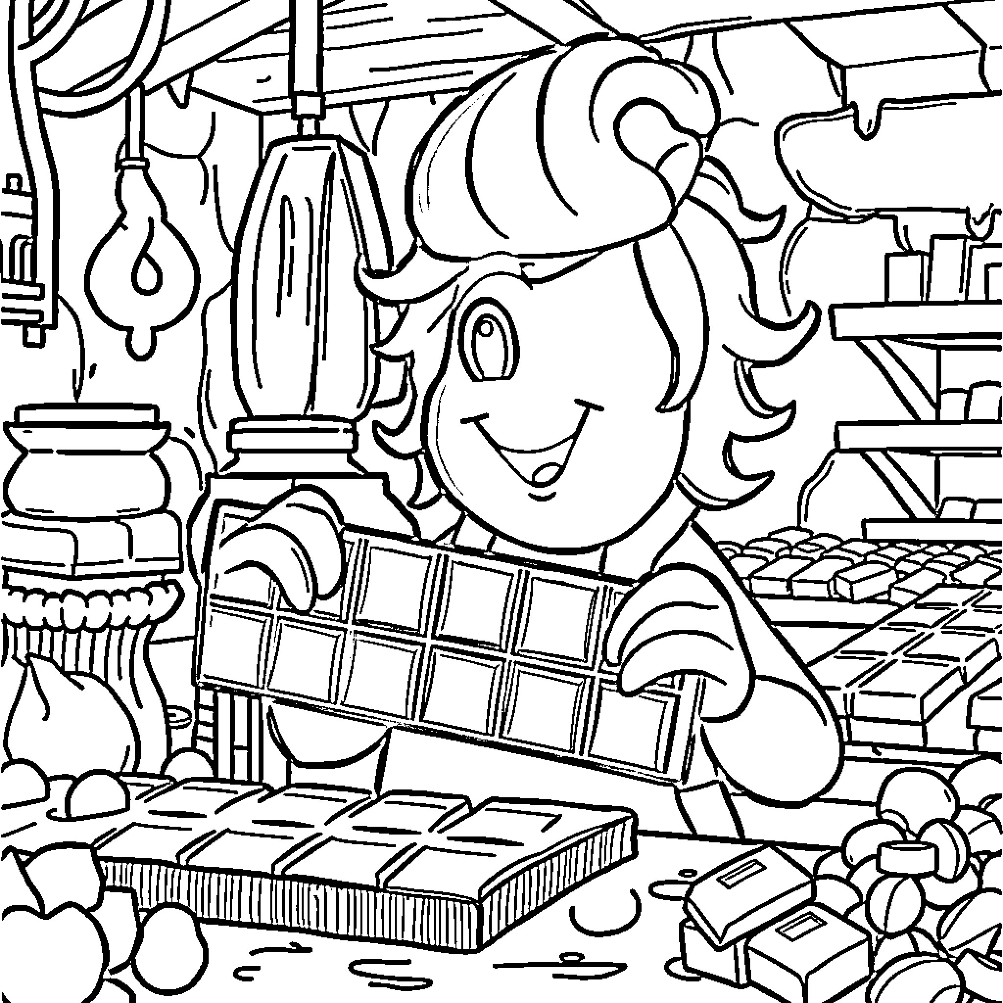 Umpa Lumpa working diligently in the chocolate factory Coloring Page (free black-and-white line drawing printable PDF for all, from beginners to advanced learners, including children, teens, adults, and seniors)