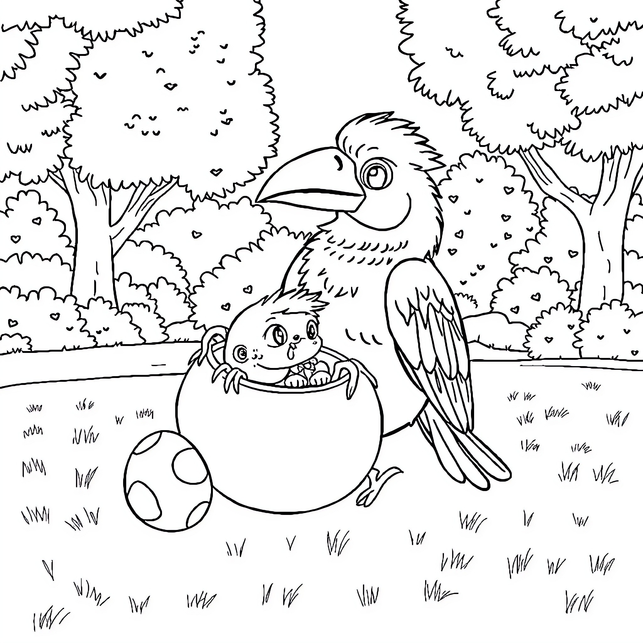 Canguro bird and baby in the forest Coloring Page (free black-and-white line drawing printable PDF for all, from beginners to advanced learners, including children, teens, adults, and seniors)