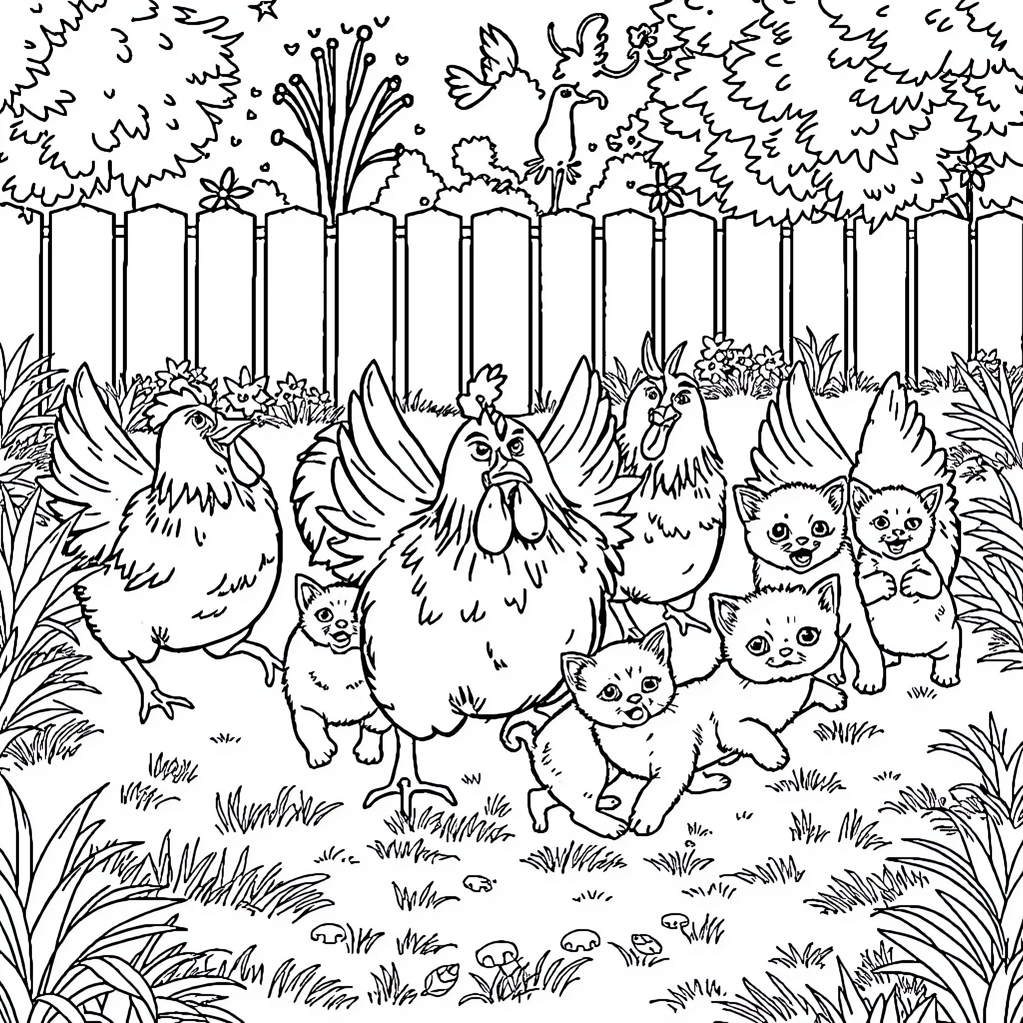 Chicken and Kittens in a Whimsical Garden Coloring Page (free black-and-white line drawing printable PDF for all, from beginners to advanced learners, including children, teens, adults, and seniors)