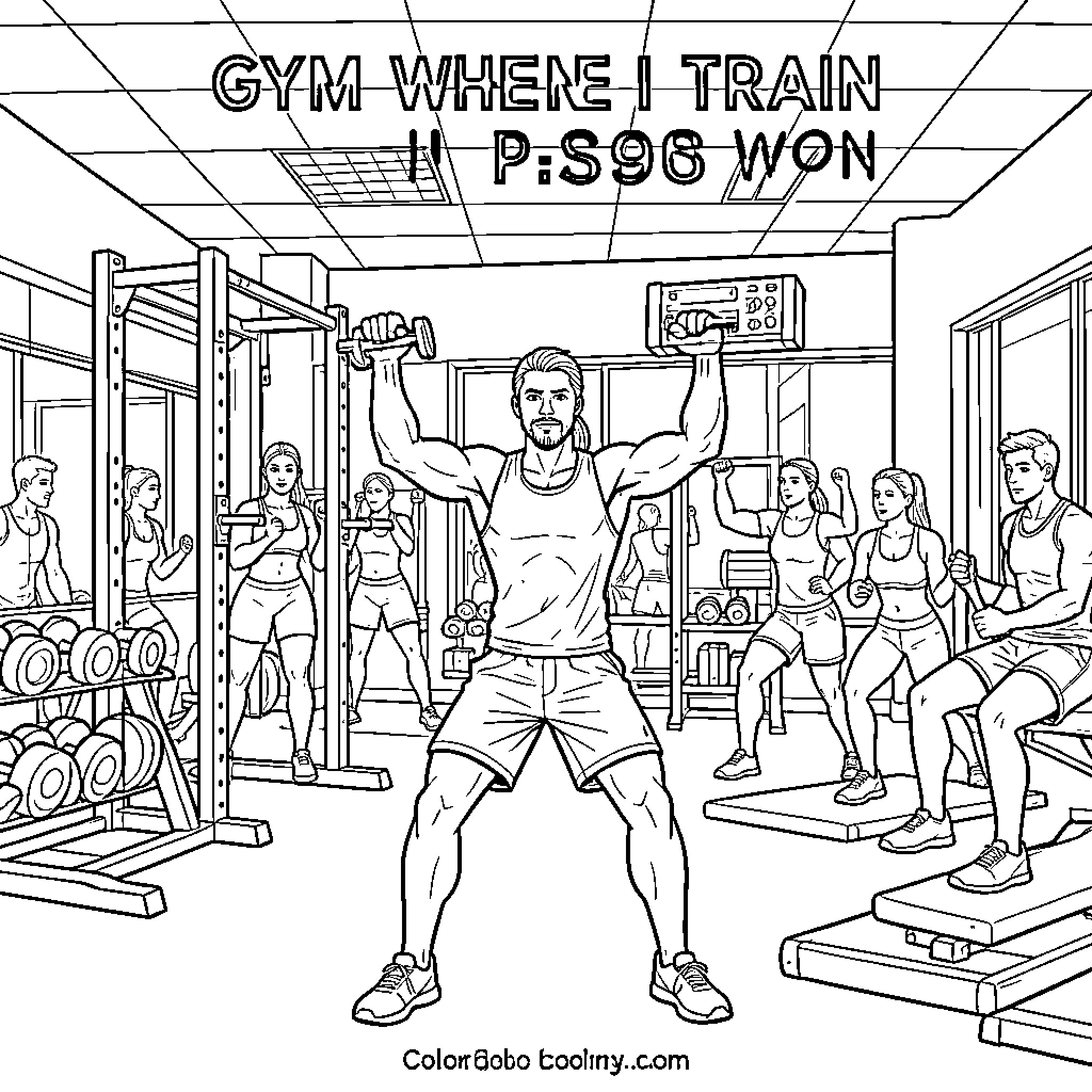 Gym where people are lifting weights and exercising Coloring Page (free black-and-white line drawing printable PDF for all, from beginners to advanced learners, including children, teens, adults, and seniors)