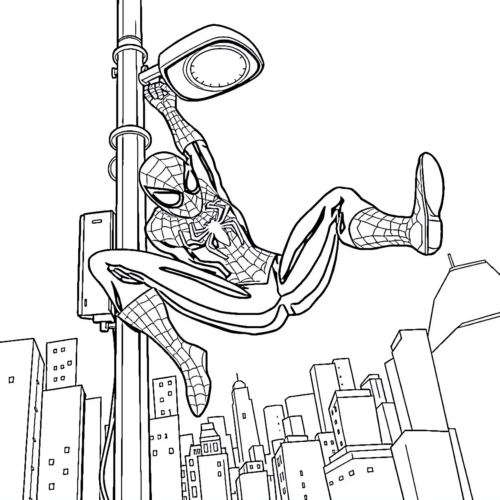 Spider-Man swinging through the city skyline Coloring Page (free black-and-white line drawing printable PDF for all, from beginners to advanced learners, including children, teens, adults, and seniors)