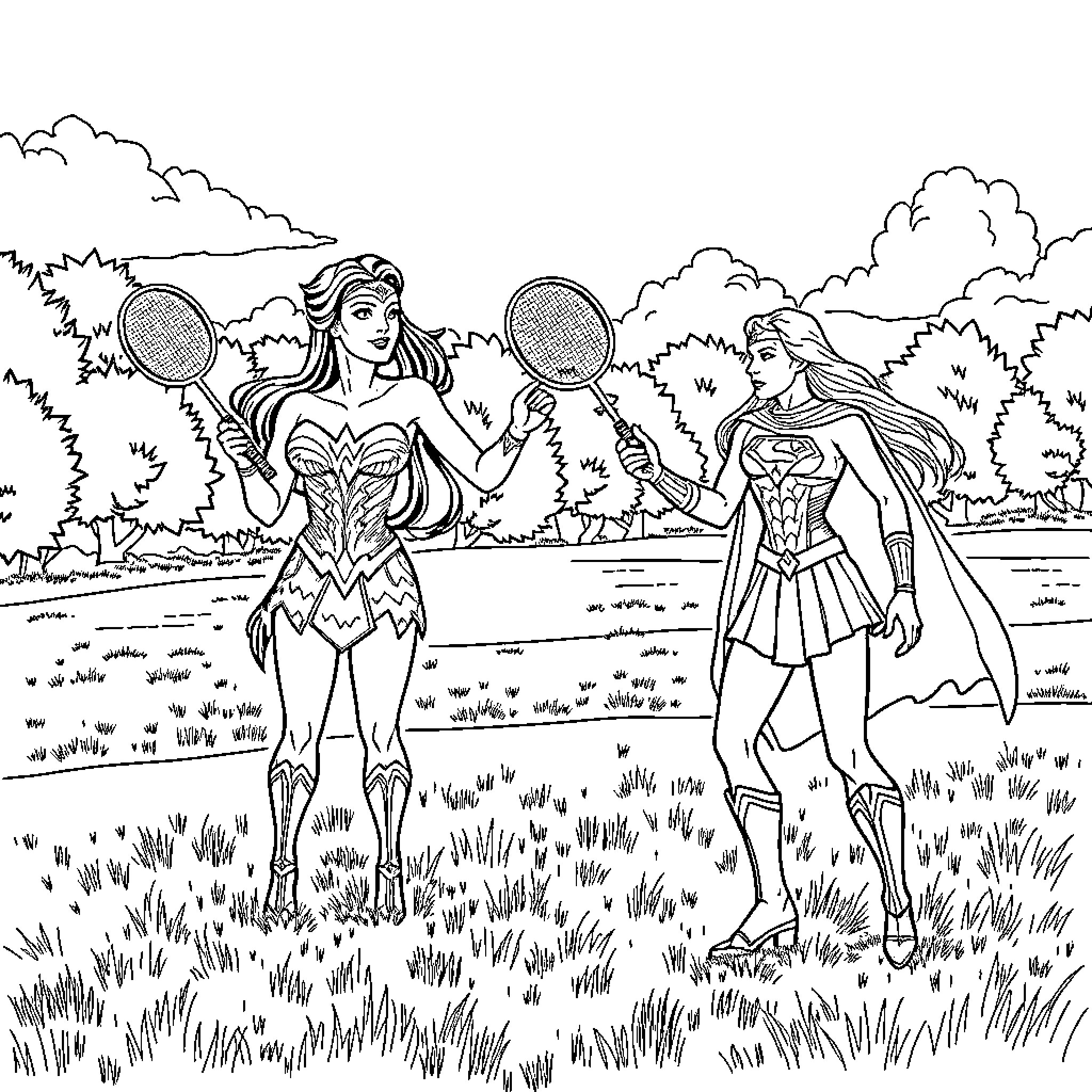Wonder Woman and Supergirl competing in a tennis match Coloring Page (free black-and-white line drawing printable PDF for all, from beginners to advanced learners, including children, teens, adults, and seniors)
