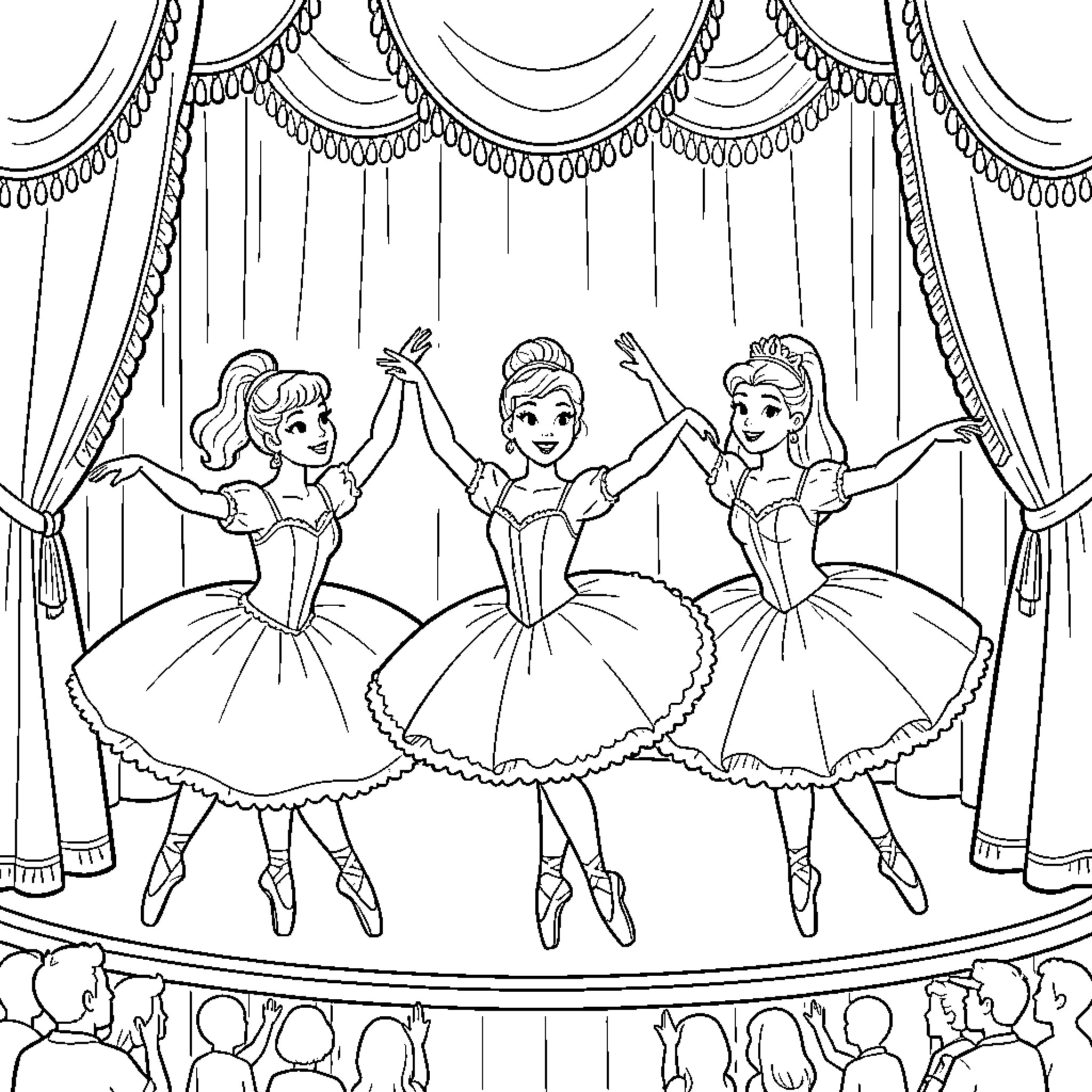 Disney Princesses performing a ballet dance on stage Coloring Page (free black-and-white line drawing printable PDF for all, from beginners to advanced learners, including children, teens, adults, and seniors)