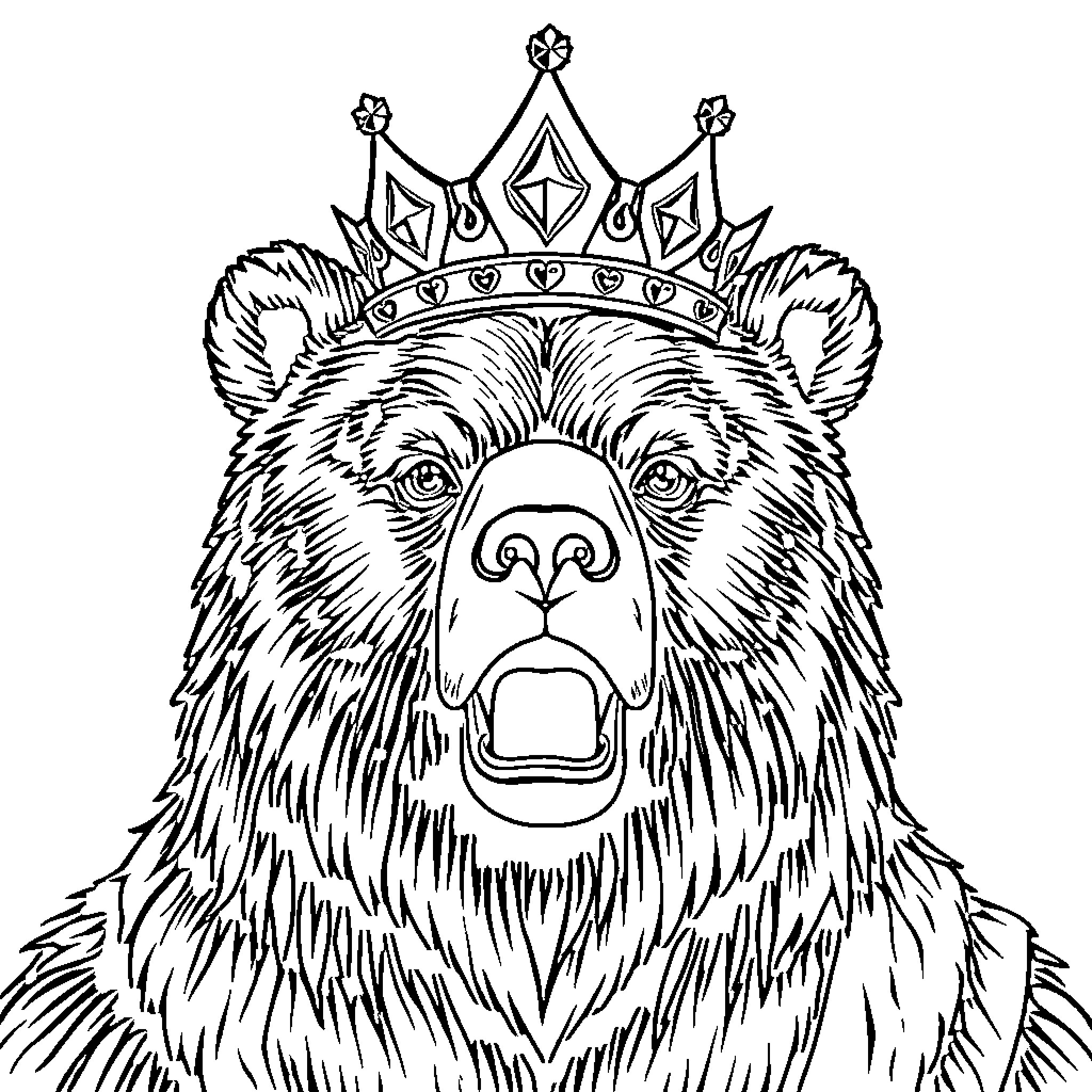 Bear wearing a regal crown Coloring Page (free black-and-white line drawing printable PDF for all, from beginners to advanced learners, including children, teens, adults, and seniors)