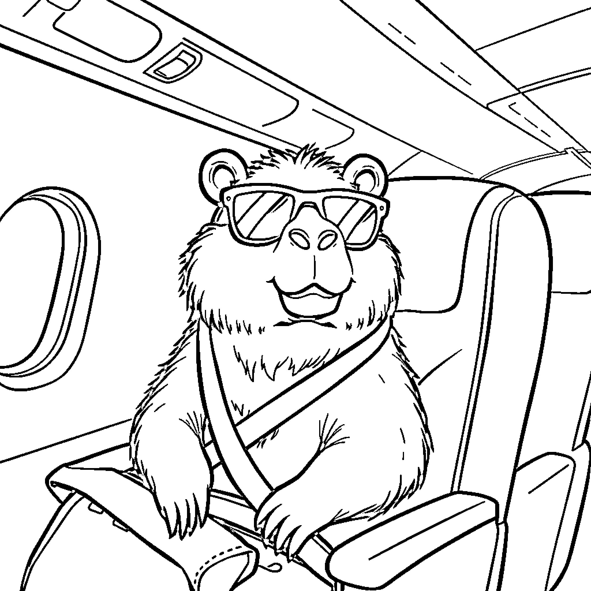 Capybara wearing sunglasses and riding in a plane Coloring Page (free black-and-white line drawing printable PDF for all, from beginners to advanced learners, including children, teens, adults, and seniors)