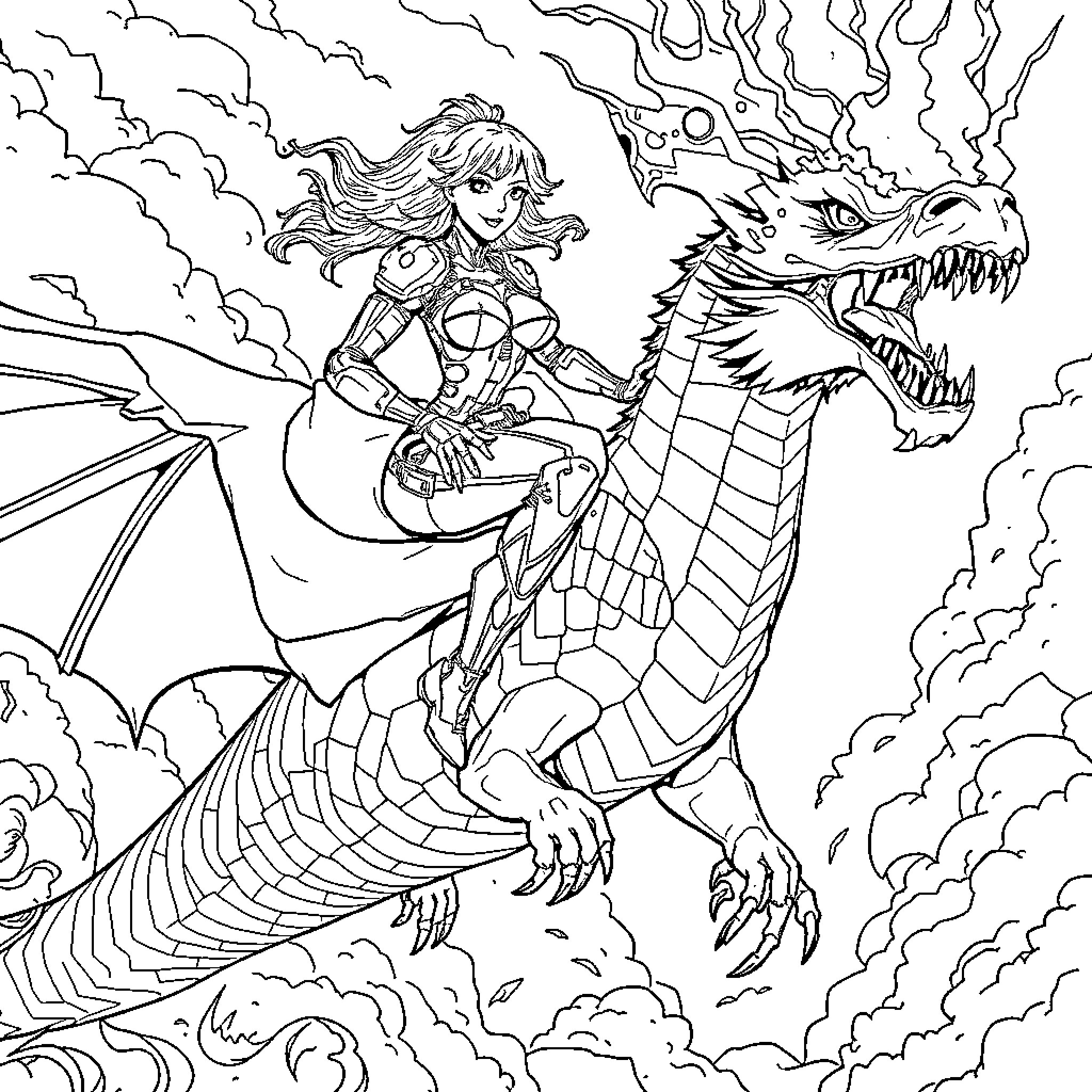 Cyborg knight riding a fierce dragon Coloring Page (free black-and-white line drawing printable PDF for all, from beginners to advanced learners, including children, teens, adults, and seniors)