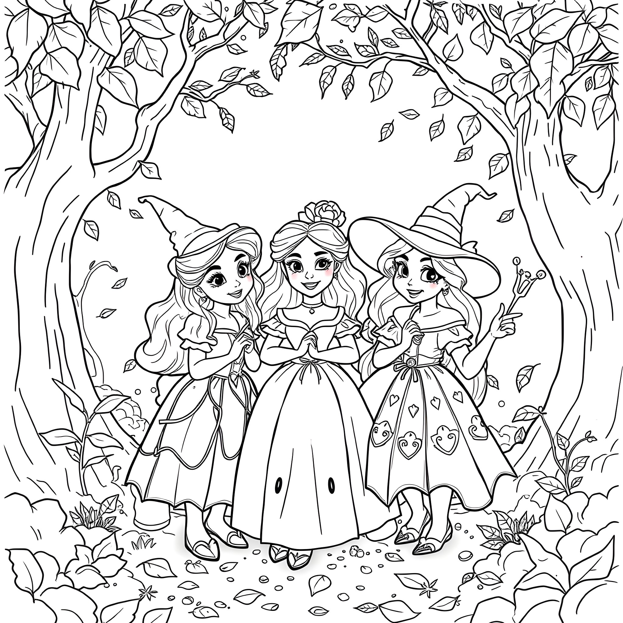 Sanderson Sisters in Enchanted Forest Coloring Page (free black-and-white line drawing printable PDF for all, from beginners to advanced learners, including children, teens, adults, and seniors)