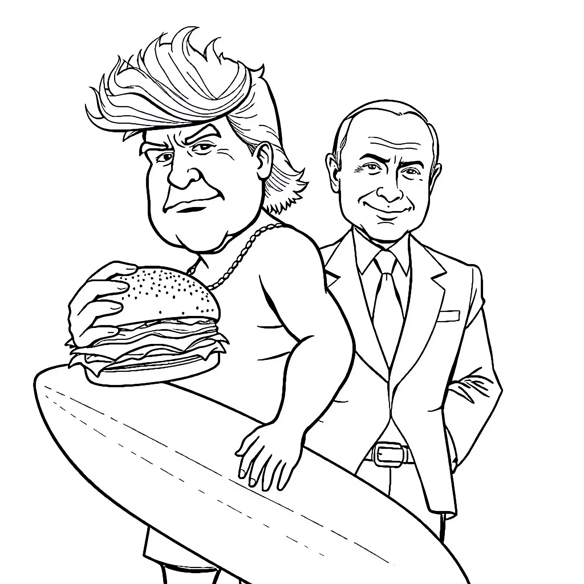 Surfer with a Burger and a Politician Coloring Page (free black-and-white line drawing printable PDF for all, from beginners to advanced learners, including children, teens, adults, and seniors)