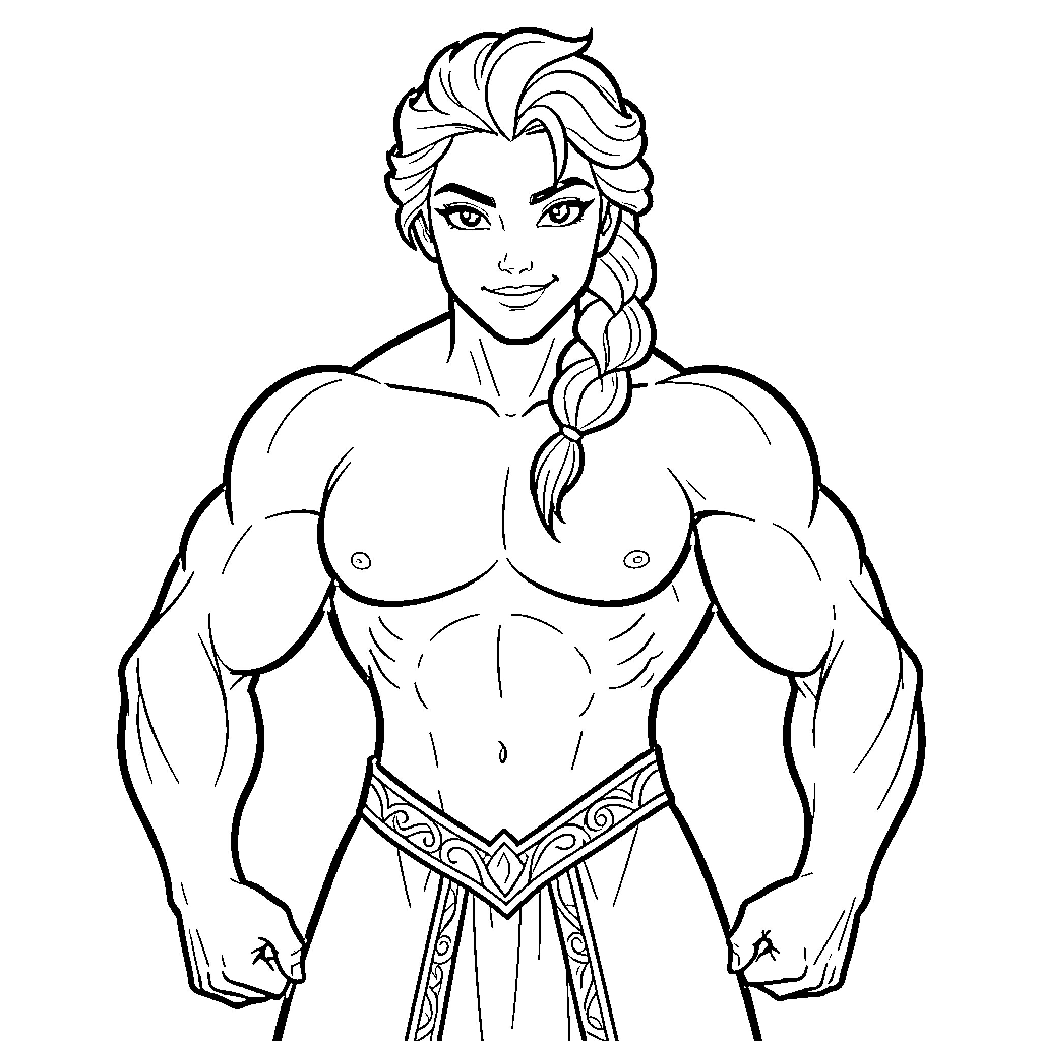 Elsa posing confidently with a muscular physique Coloring Page (free black-and-white line drawing printable PDF for all, from beginners to advanced learners, including children, teens, adults, and seniors)