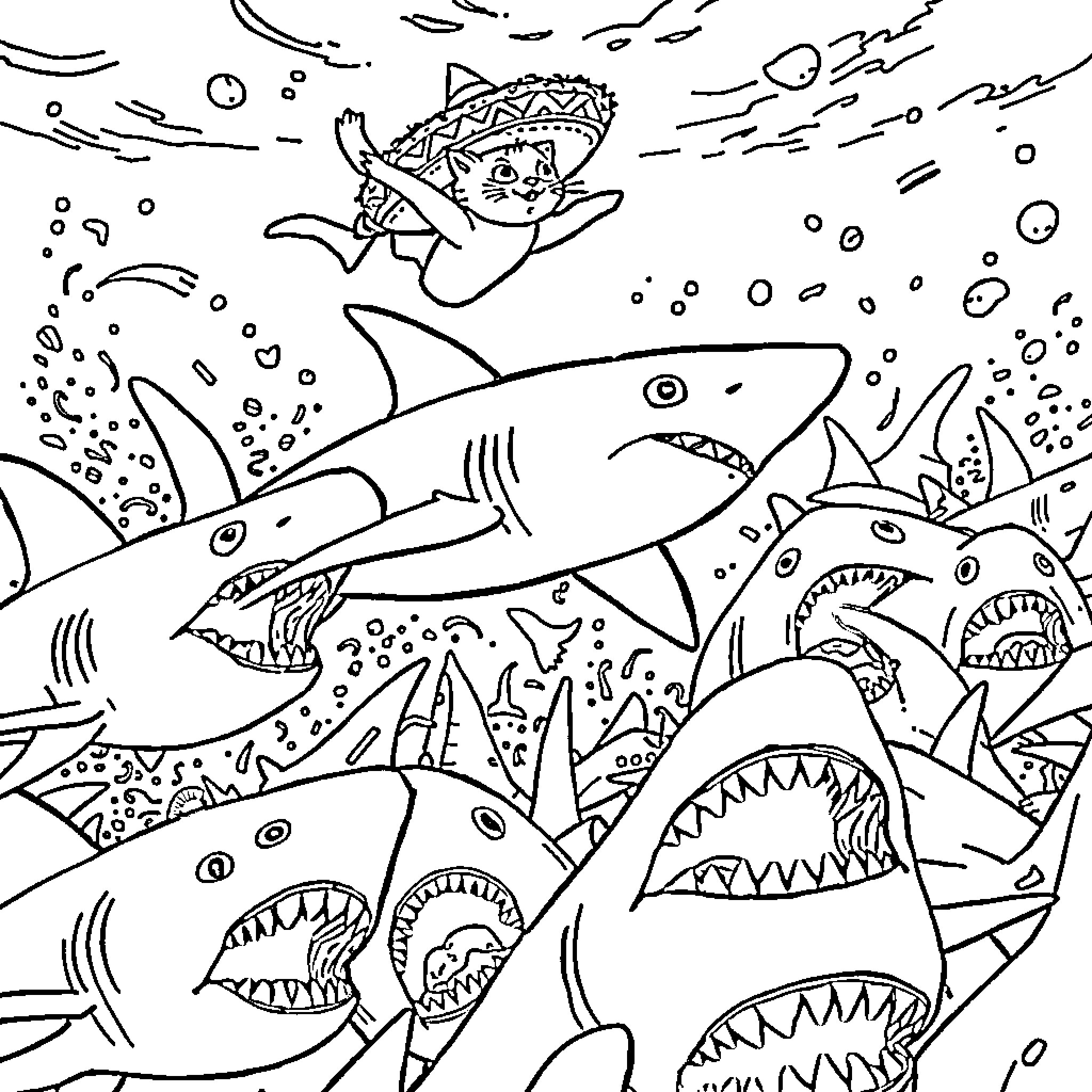 Shark frenzy in the underwater world Coloring Page (free black-and-white line drawing printable PDF for all, from beginners to advanced learners, including children, teens, adults, and seniors)