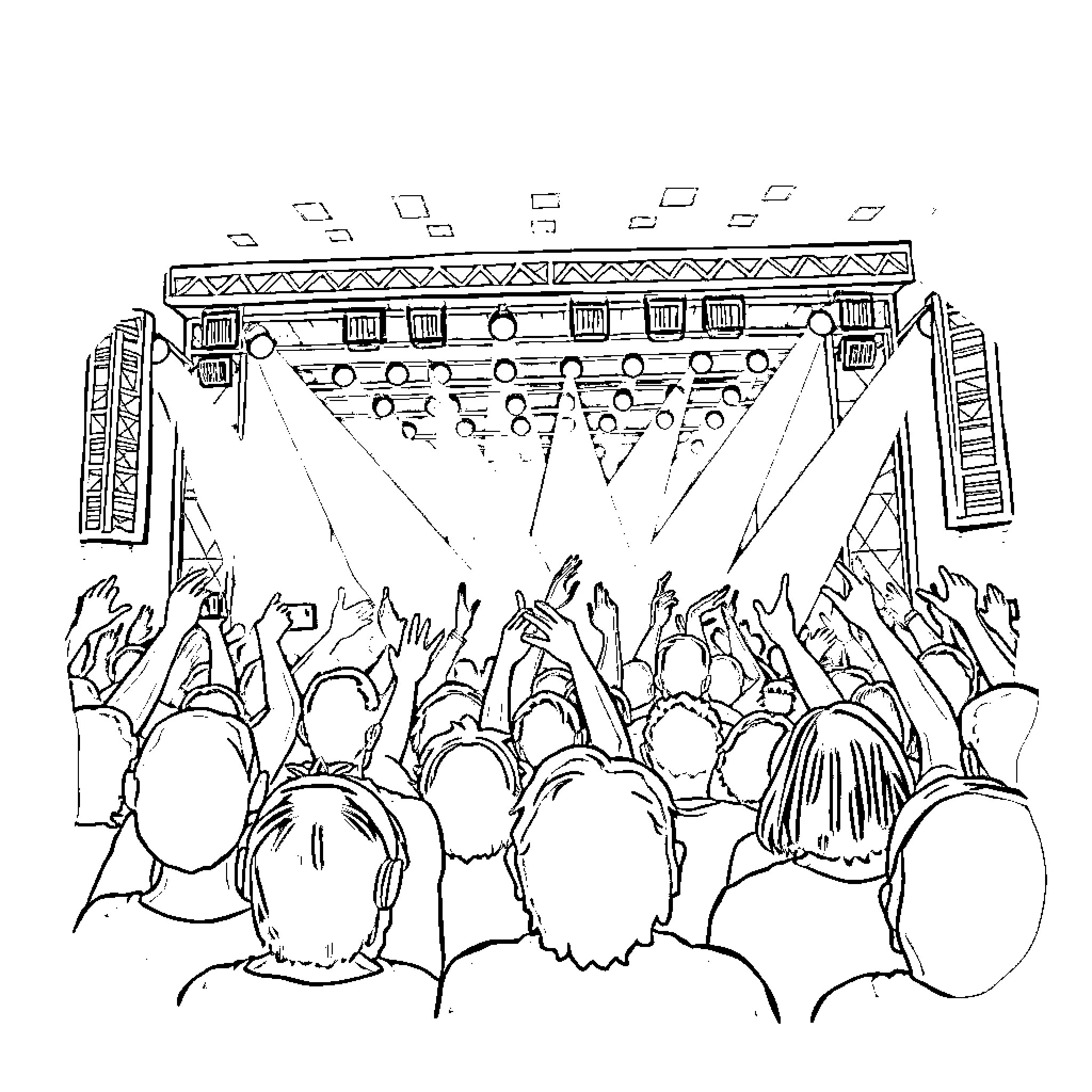 K Pop Crowd Cheering and Dancing at Live Concert Coloring Page (free black-and-white line drawing printable PDF for all, from beginners to advanced learners, including children, teens, adults, and seniors)