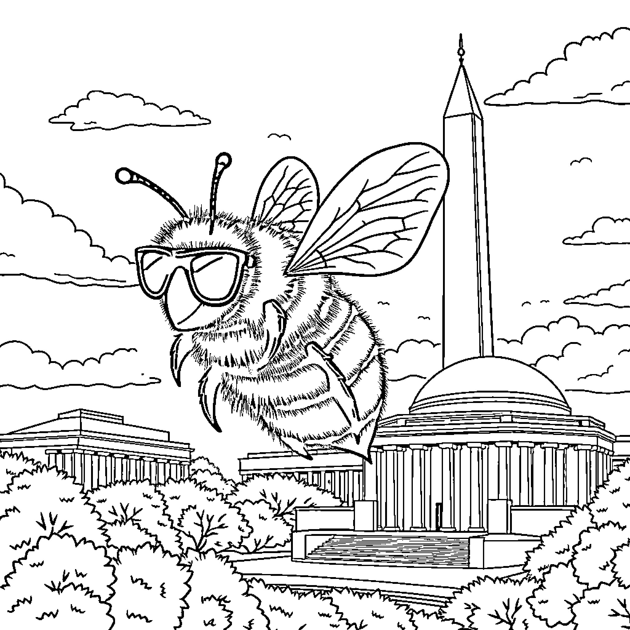 Bee exploring the city landscape Coloring Page (free black-and-white line drawing printable PDF for all, from beginners to advanced learners, including children, teens, adults, and seniors)