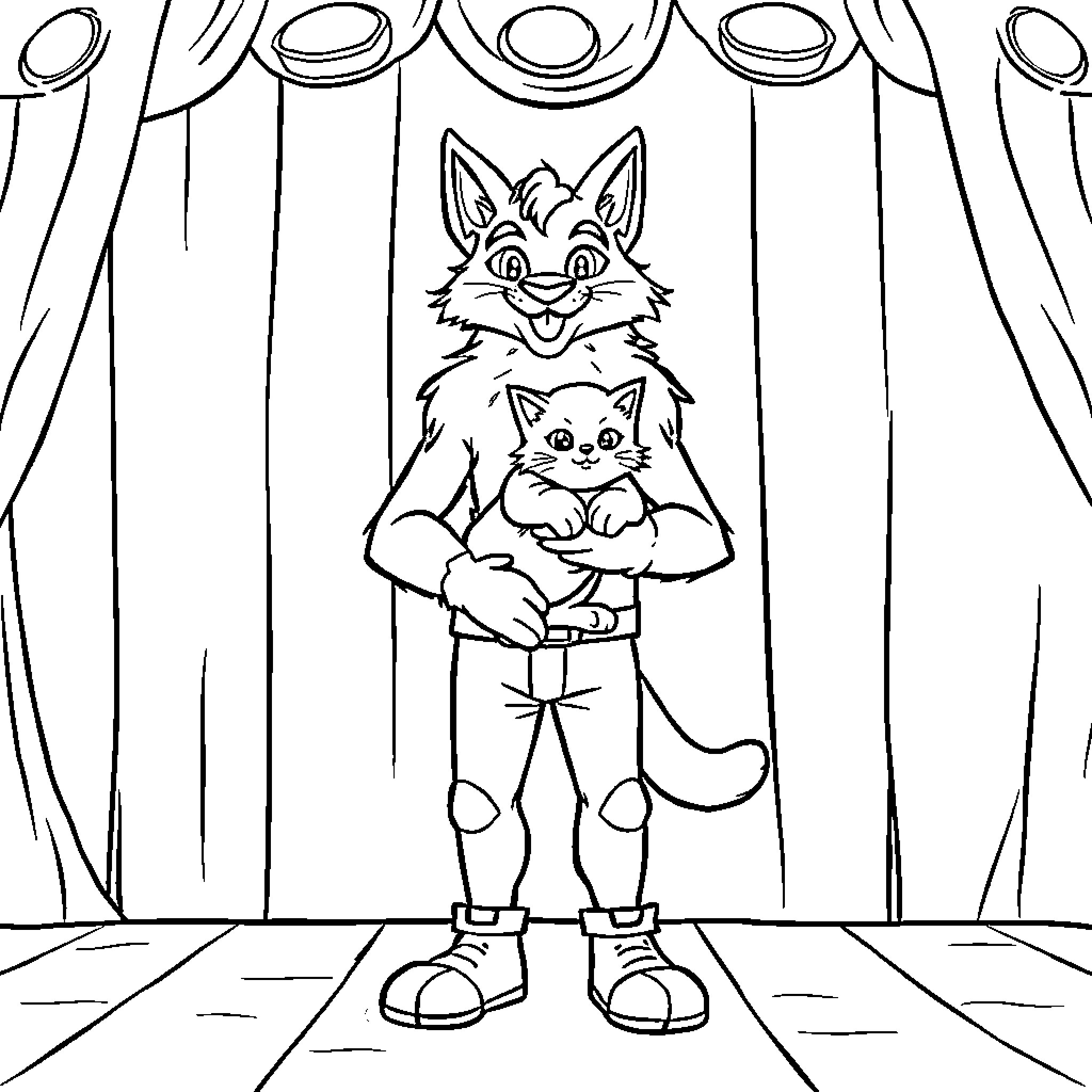 Huntrix's Theatrical Feline Duo Coloring Page (free black-and-white line drawing printable PDF for all, from beginners to advanced learners, including children, teens, adults, and seniors)
