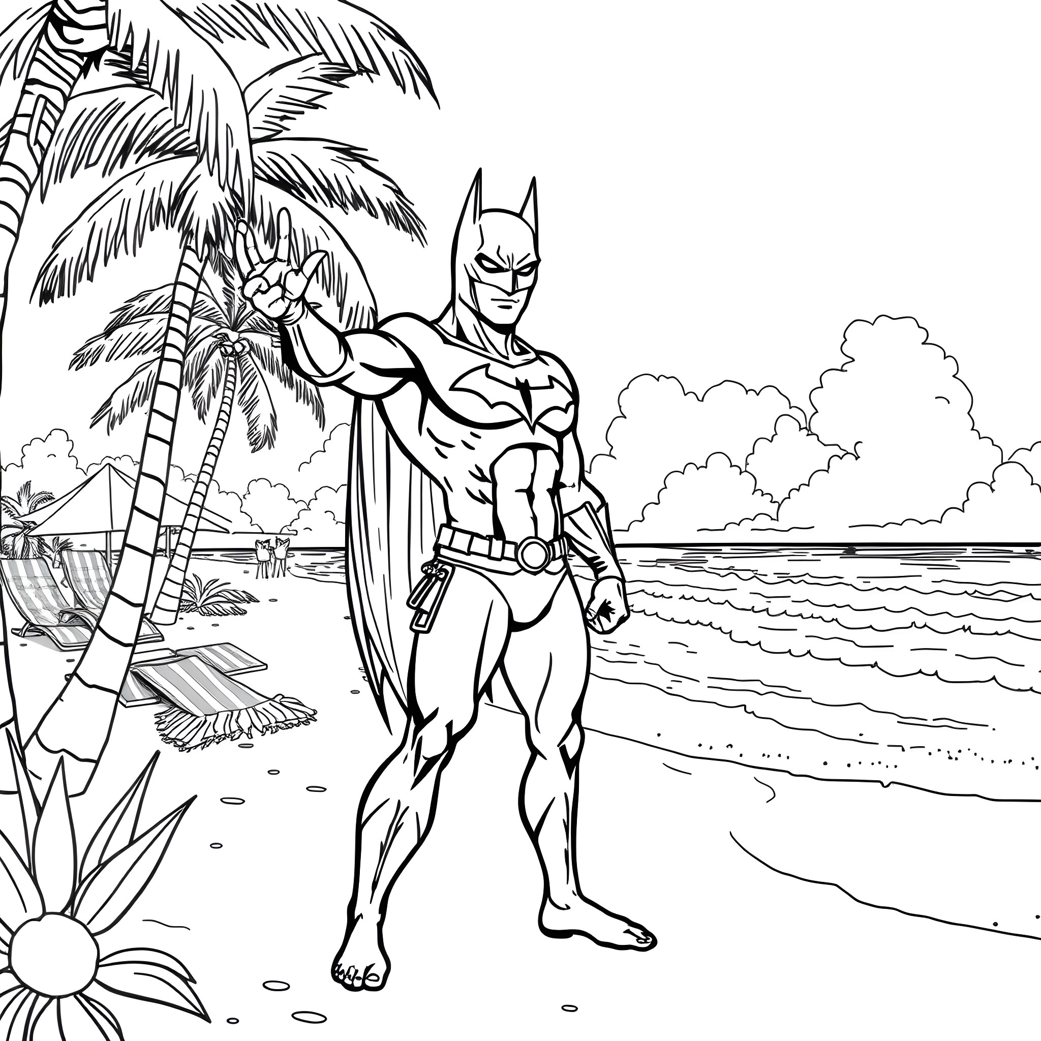 Batman standing heroically on a tropical beach Coloring Page (free black-and-white line drawing printable PDF for all, from beginners to advanced learners, including children, teens, adults, and seniors)