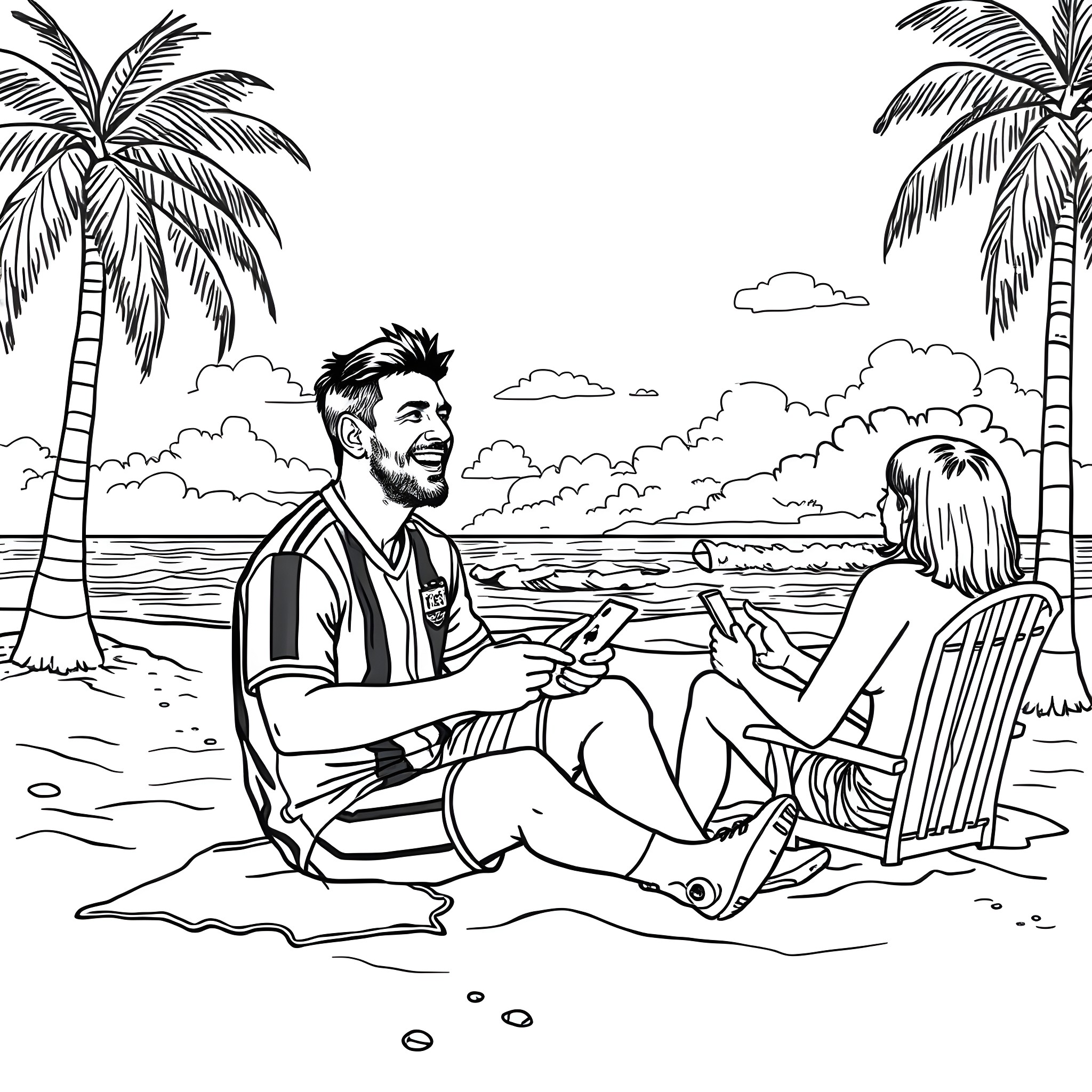 Messi relaxing with a friend on the beach Coloring Page (free black-and-white line drawing printable PDF for all, from beginners to advanced learners, including children, teens, adults, and seniors)