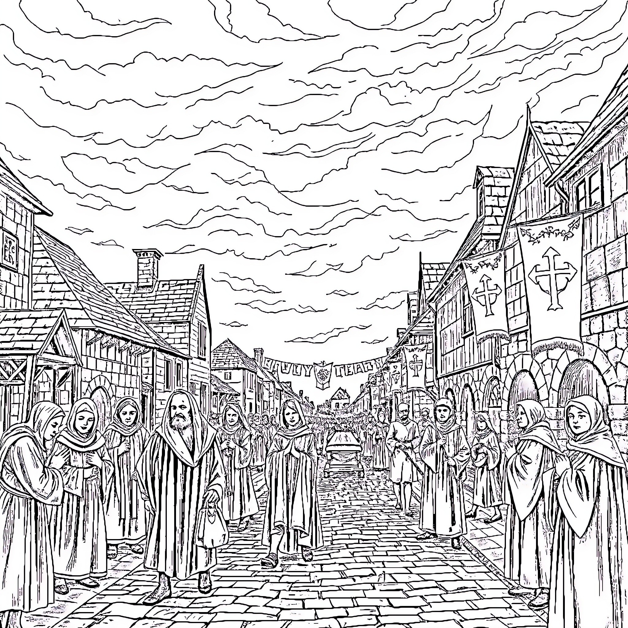 Plague of a Deserted Medieval Town Coloring Page (free black-and-white line drawing printable PDF for all, from beginners to advanced learners, including children, teens, adults, and seniors)