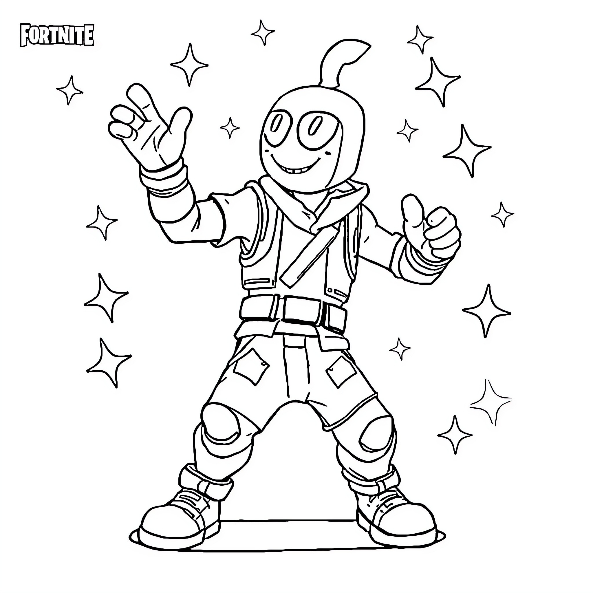 Ziggy's Fortnite Frenzy: Cosmic Capers Coloring Page (free black-and-white line drawing printable PDF for all, from beginners to advanced learners, including children, teens, adults, and seniors)