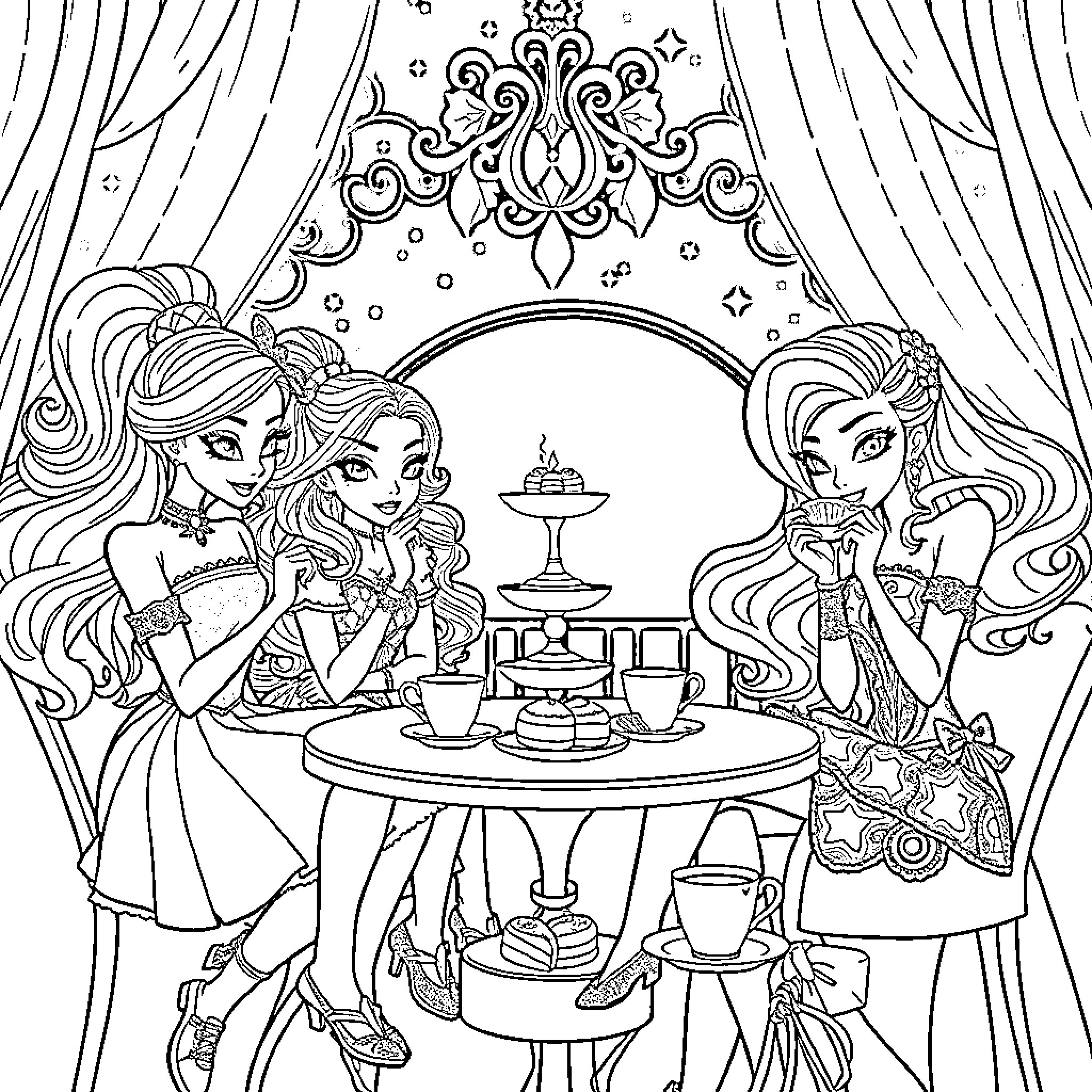Glitter Force Girls Enjoying a Fancy Tea Party Coloring Page (free black-and-white line drawing printable PDF for all, from beginners to advanced learners, including children, teens, adults, and seniors)