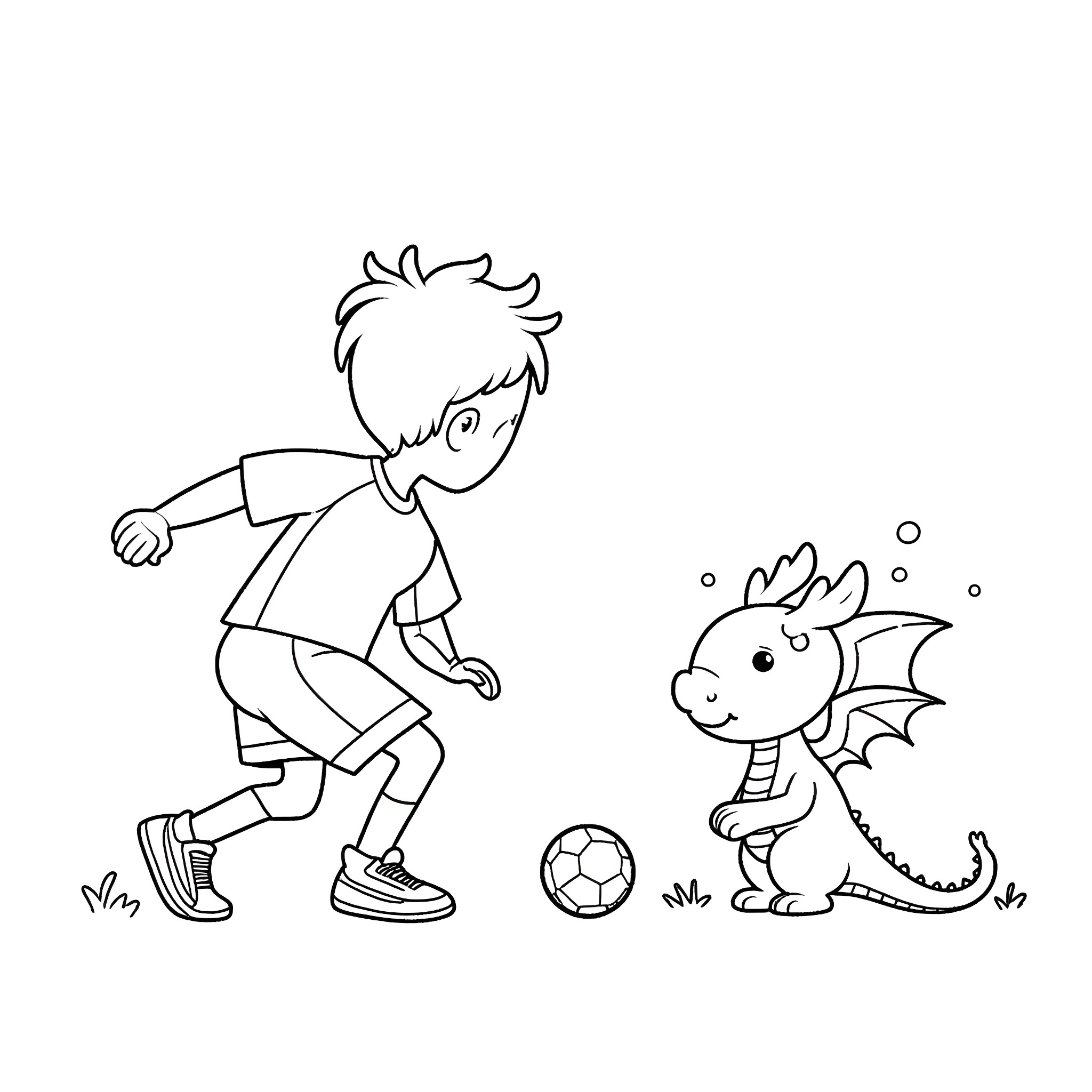 Football Player Kicking Ball with Playful Dragon Coloring Page (free black-and-white line drawing printable PDF for all, from beginners to advanced learners, including children, teens, adults, and seniors)