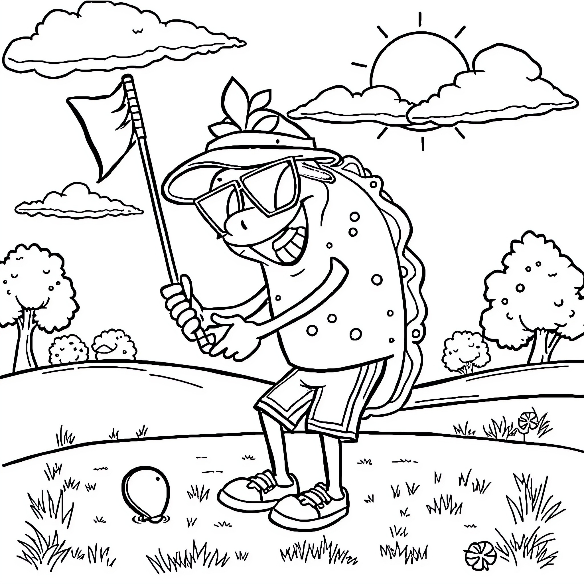 Taco Guy Enjoys Sunny Outdoor Adventure Coloring Page (free black-and-white line drawing printable PDF for all, from beginners to advanced learners, including children, teens, adults, and seniors)