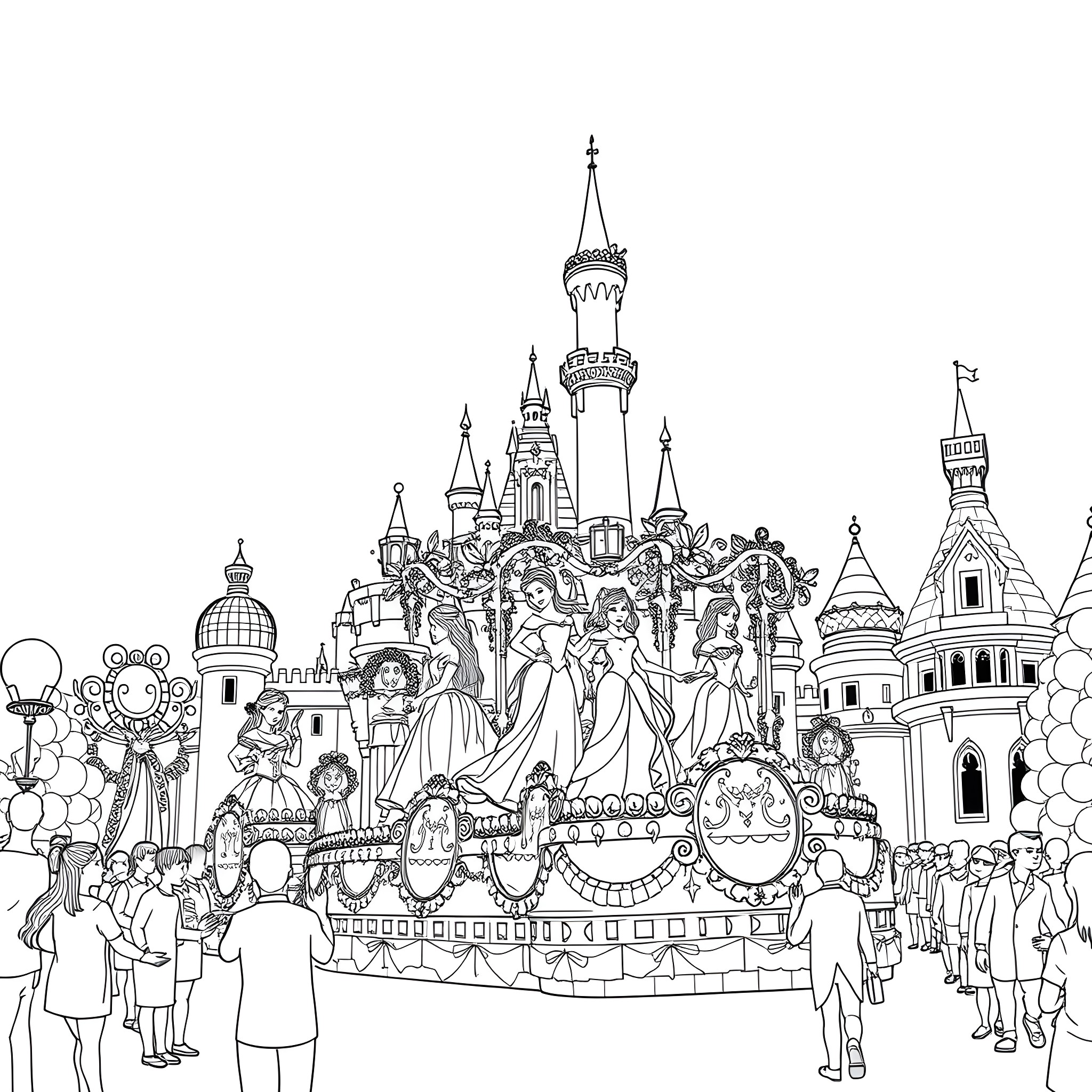 Disney Princess Fairytale Parade at Enchanted Castle Coloring Page (free black-and-white line drawing printable PDF for all, from beginners to advanced learners, including children, teens, adults, and seniors)